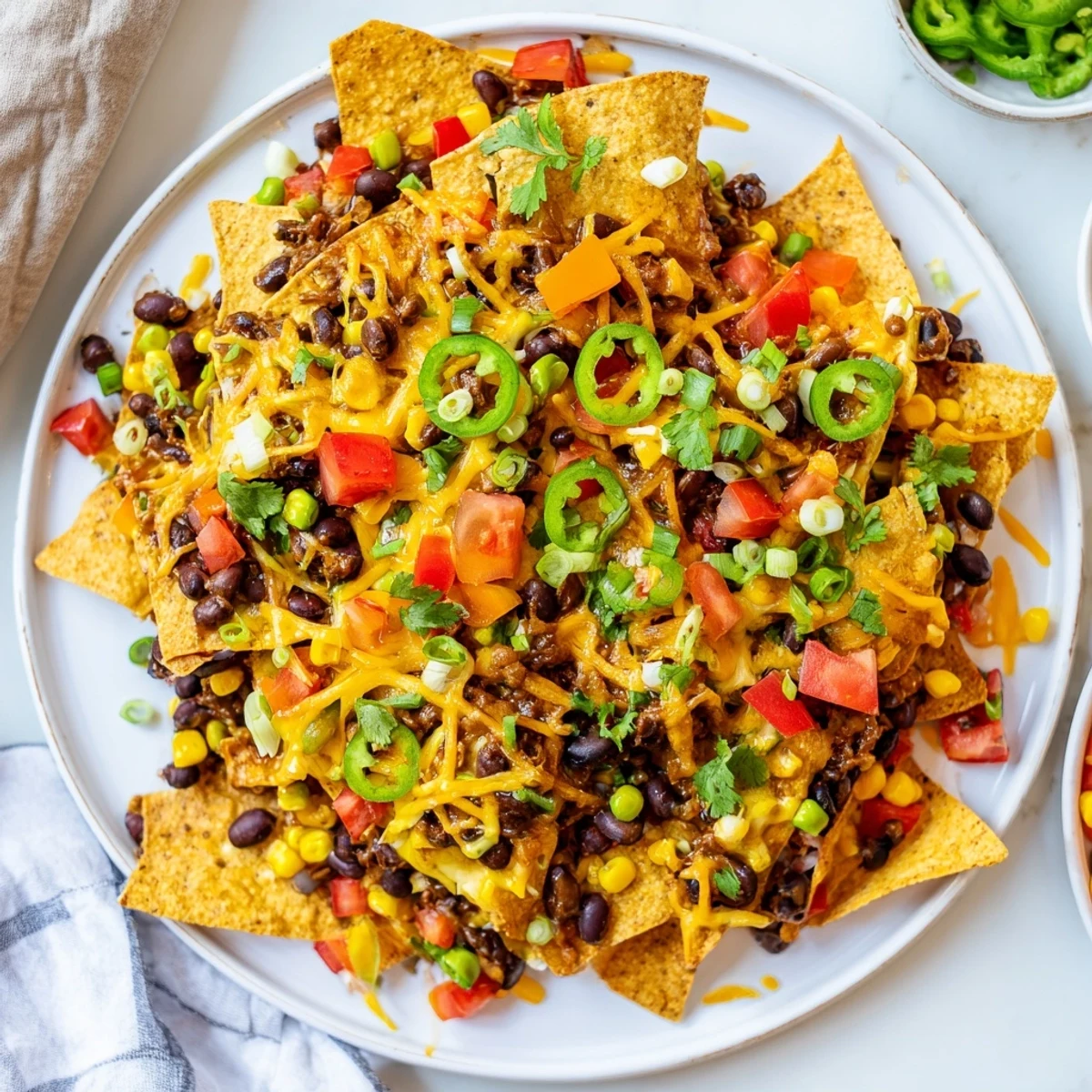Sheet-pan nachos featuring melted cheddar and colorful frozen veggies, ready to serve with toppings.