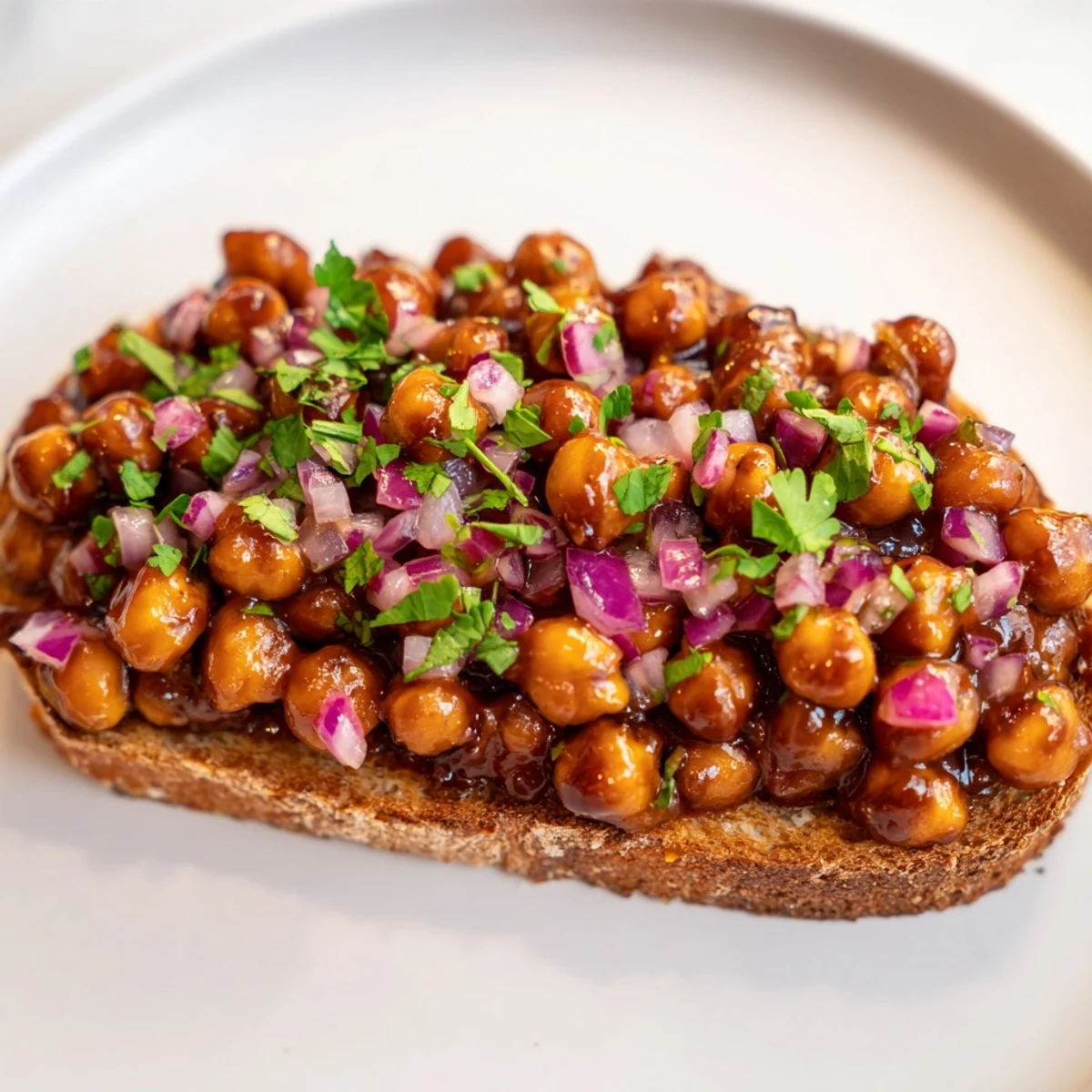 Golden-brown BBQ Chickpeas on Toast piled high, savory vegan lunch with fresh cilantro garnish.