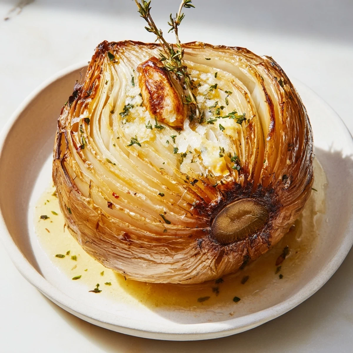 Golden, slow-roasted Onion Boil, tender and sweet, with thyme and melted butter, ready to serve.
