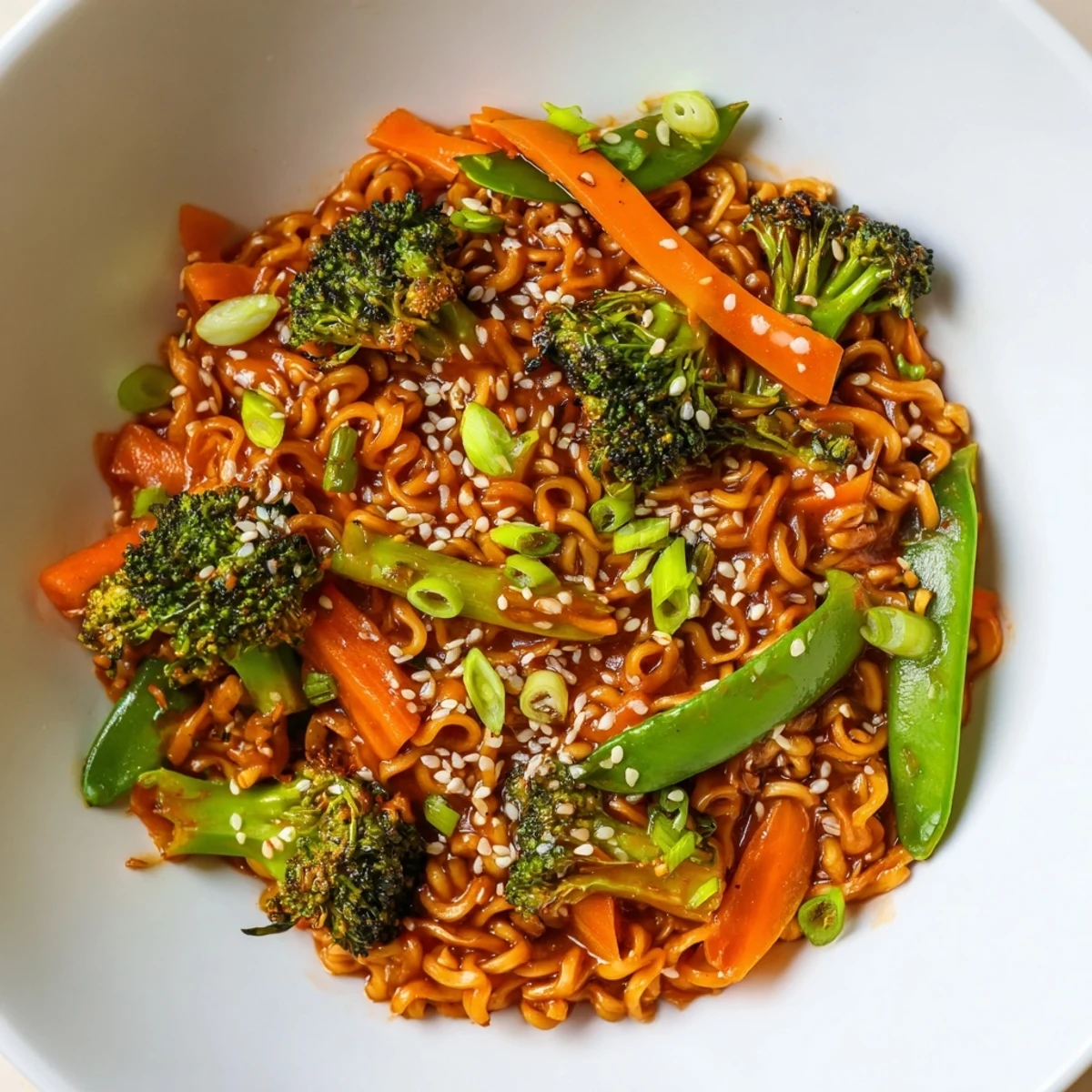 Steaming bowl of Ramen Noodle Stir-Fry Remix showing vibrant veggies and a savory sauce coating the noodles.
