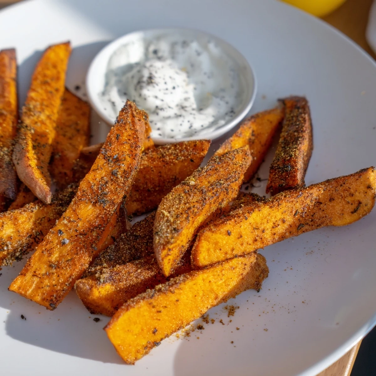 Textured image of seasoned roasted sweet potato wedges ready to be enjoyed with cool yogurt.