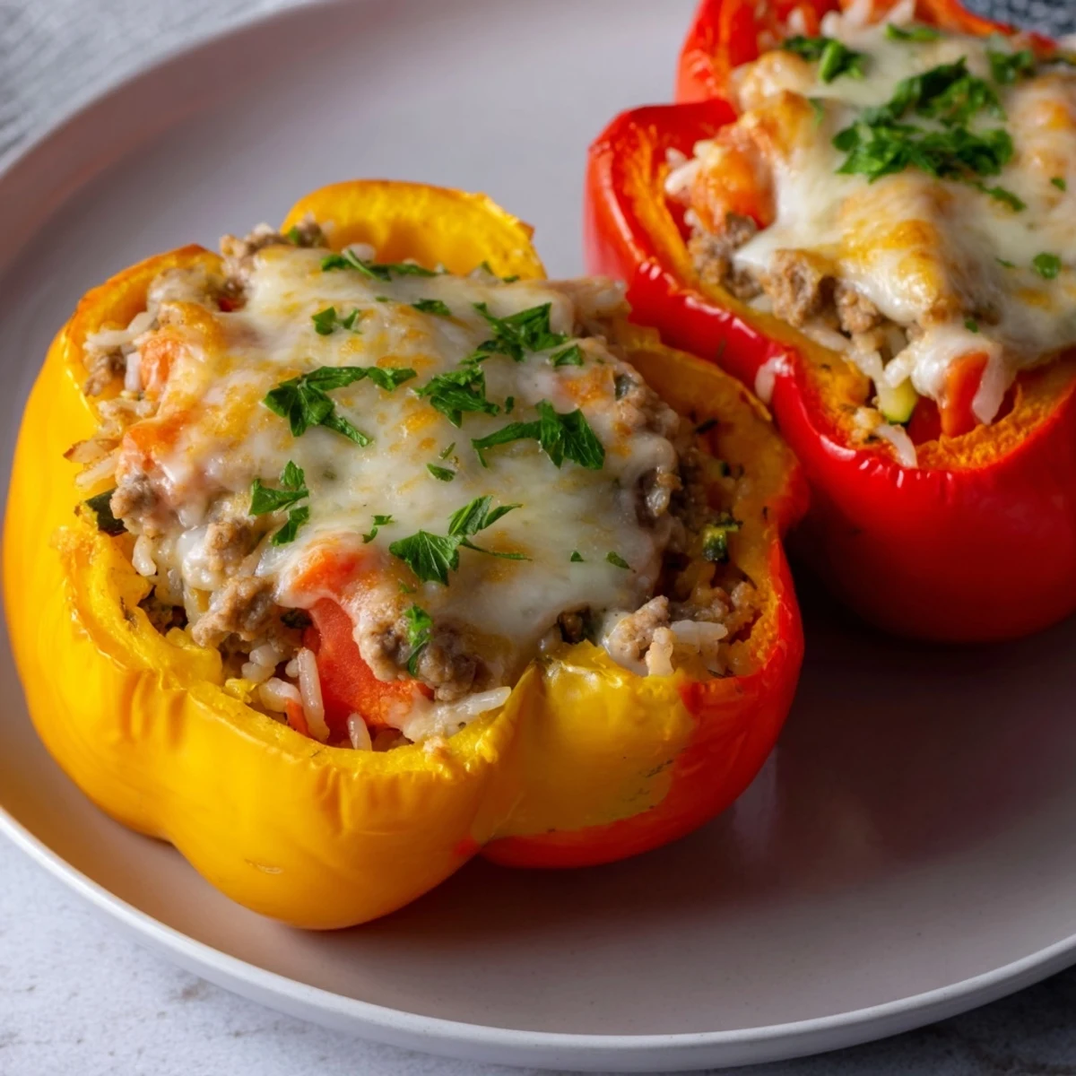 Golden-brown stuffed peppers with ground turkey and rice, a cheesy, comforting casserole.