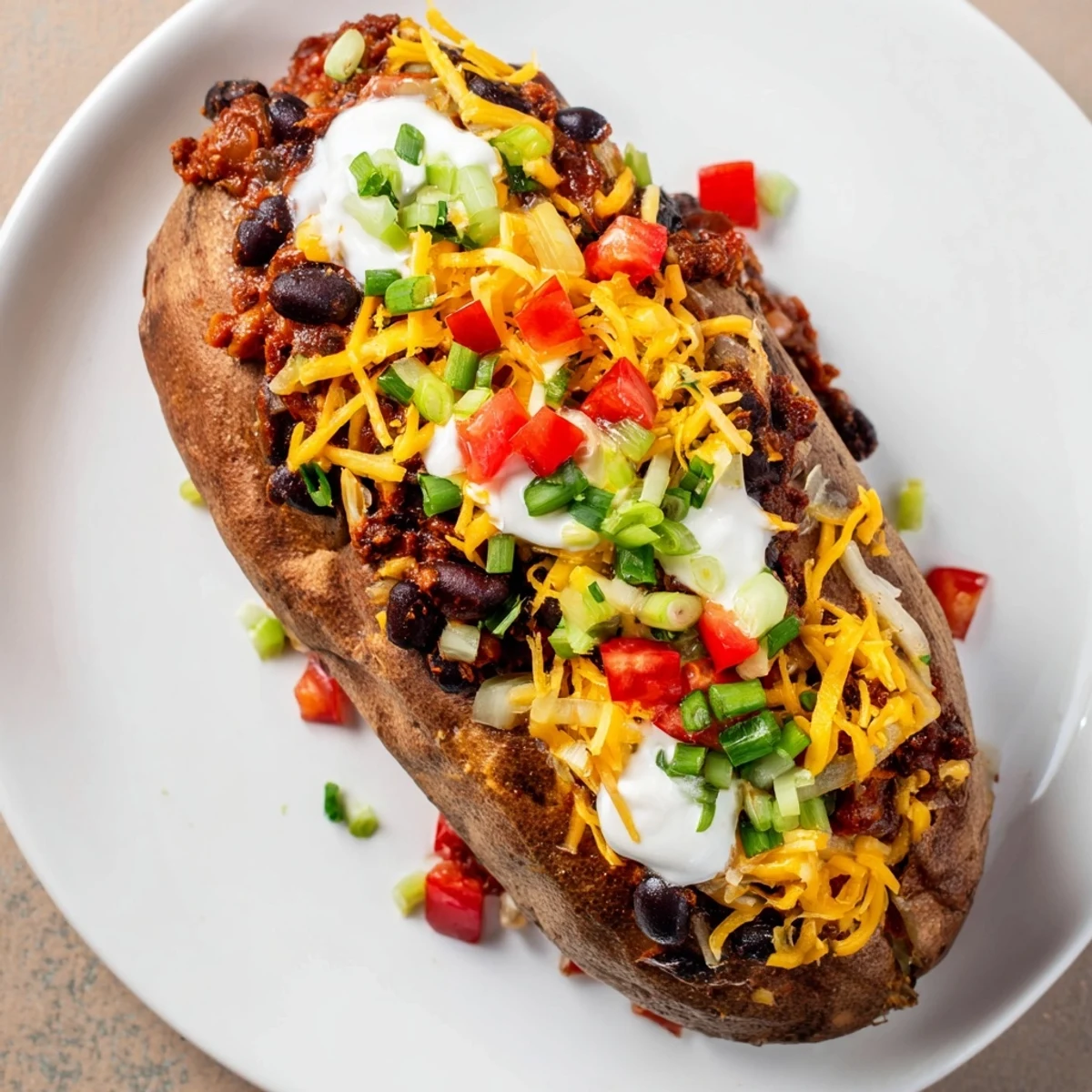 Homemade Loaded Baked Potato is baked to perfection, generously filled with chili and flavorful toppings.