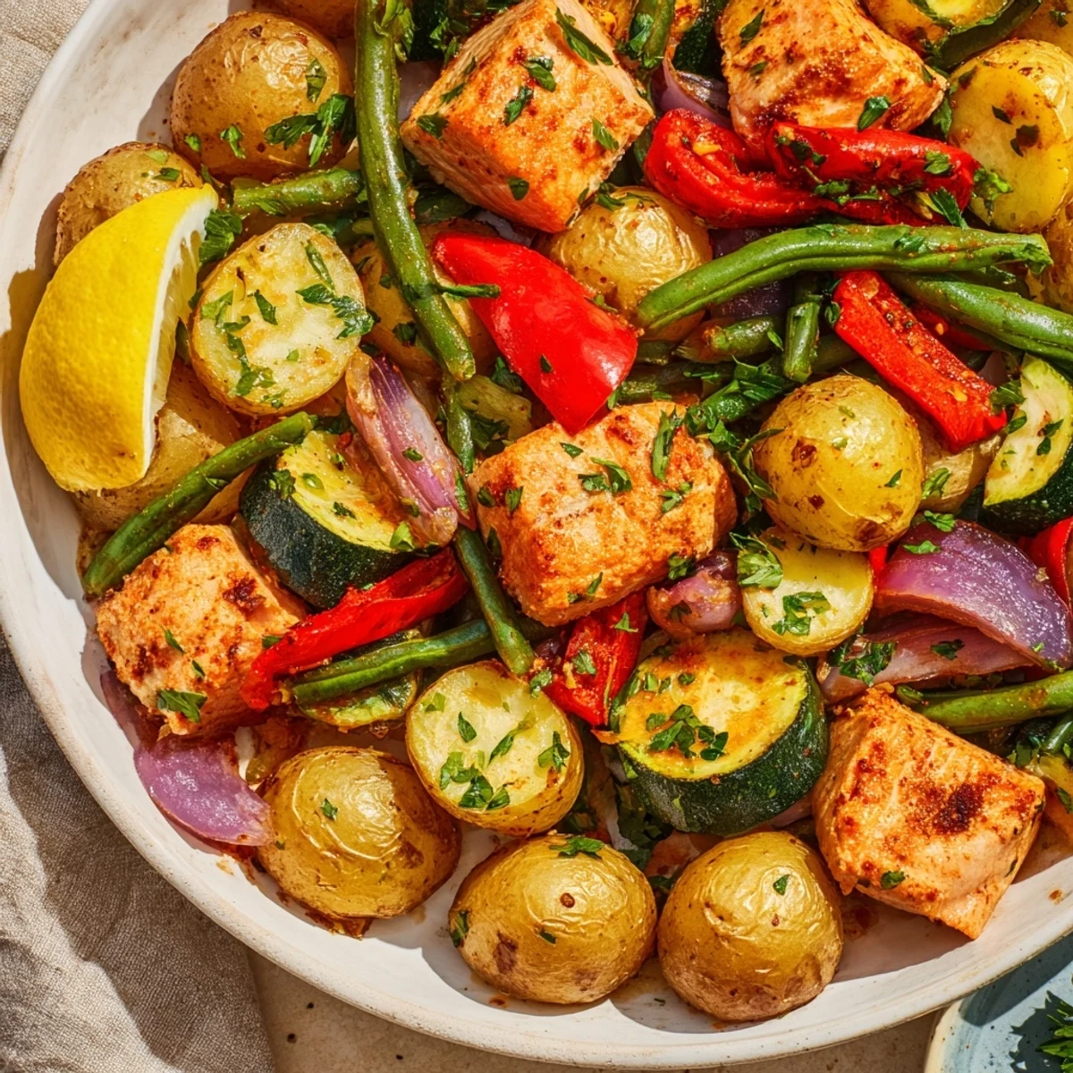 A close-up of a Salmon & Potato Skillet with golden, crispy potatoes and flaky salmon.