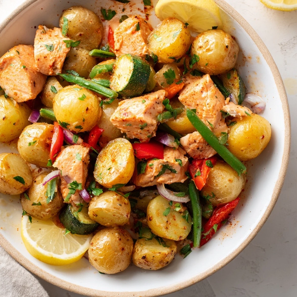 The warm, inviting aroma of this Salmon & Potato Skillet recipe features seasoned salmon and perfectly cooked vegetables.