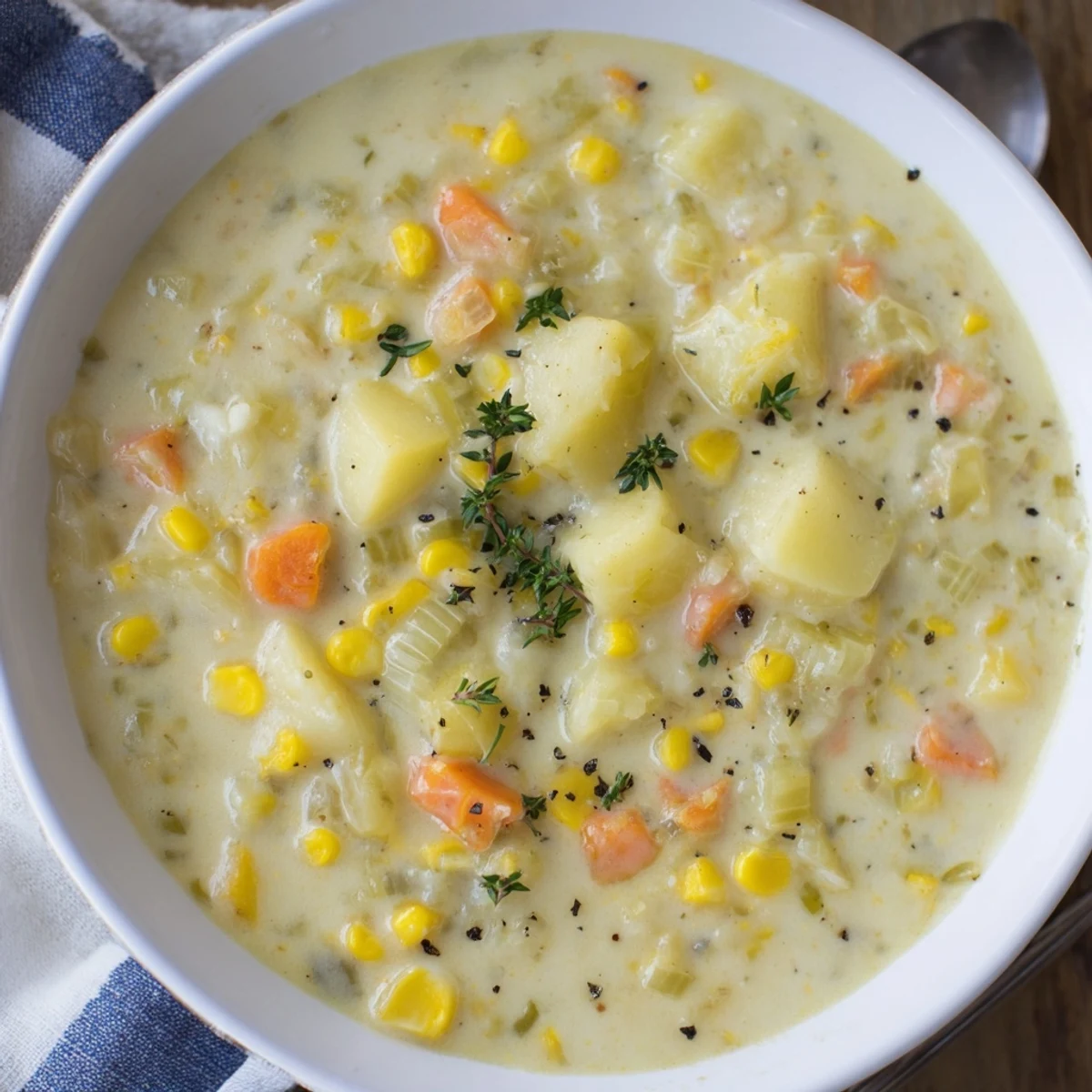 Creamy, steaming bowl of corn & potato chowder, garnished with fresh herbs and served hot.