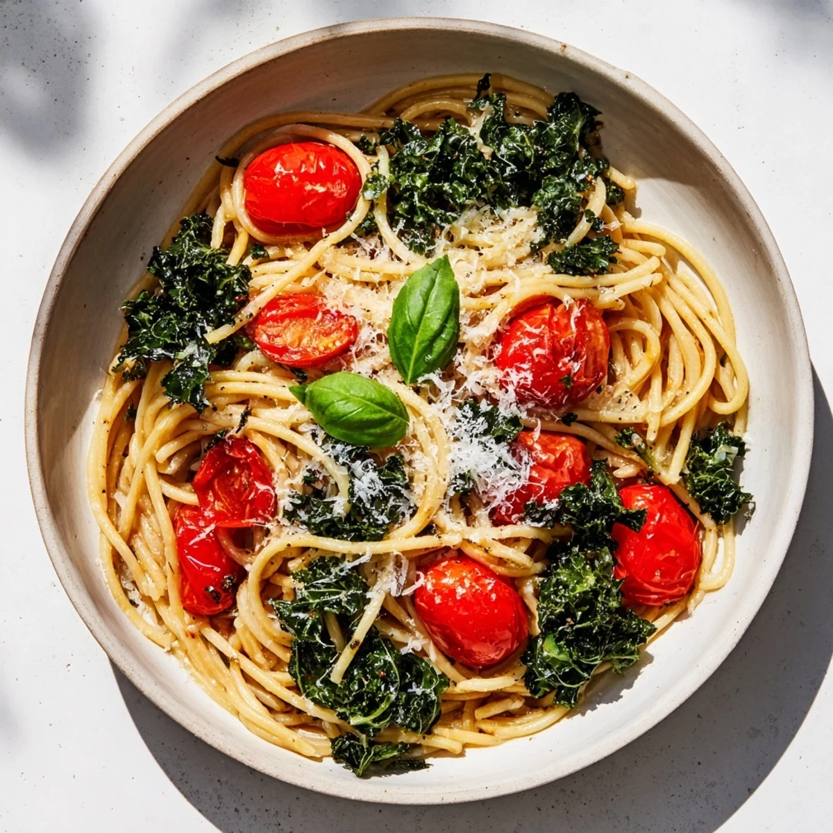 Steaming one-pot spaghetti with kale and tomatoes, garnished with fresh basil, ready to serve.