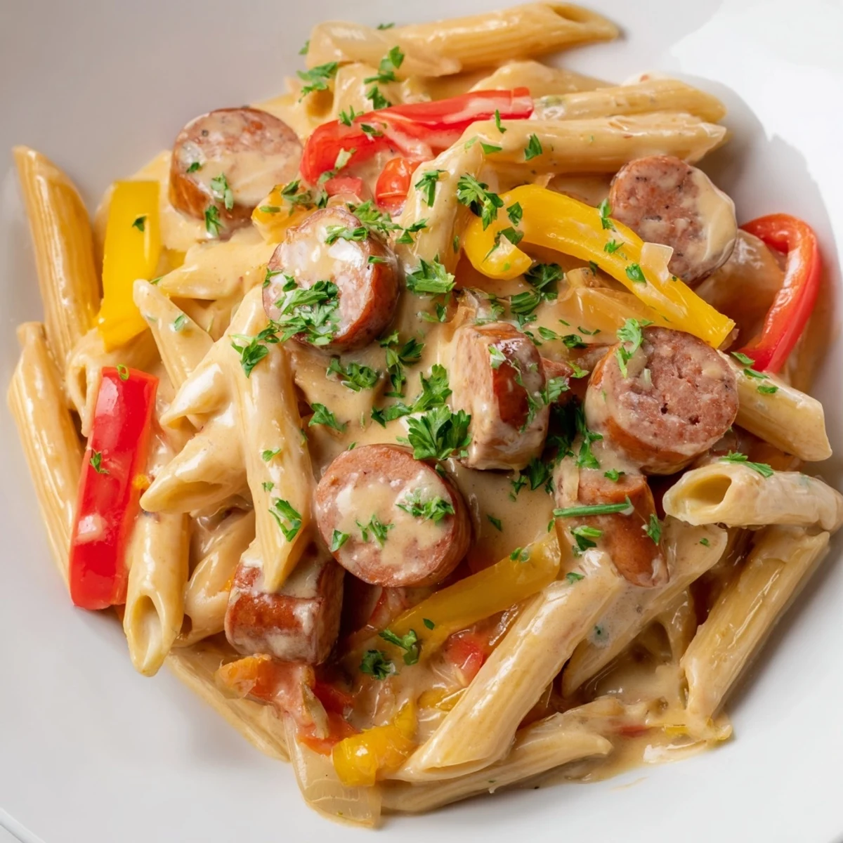 Close-up of creamy Cajun Spiced Smoked Sausage Alfredo with parsley garnish, ready to enjoy with family.
