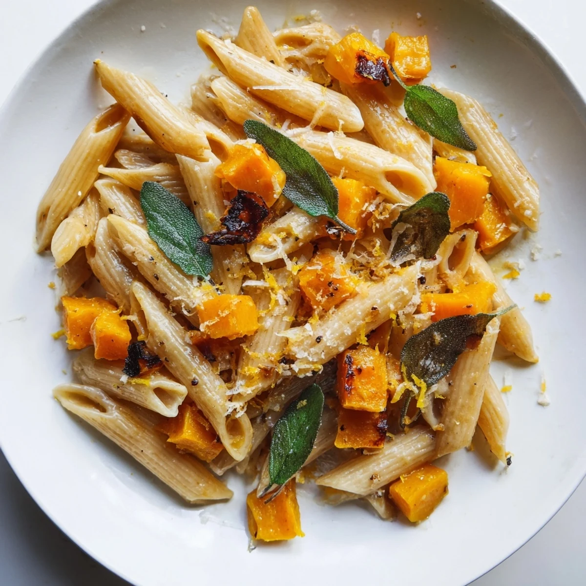 Creamy Brown Butter Pasta with butternut squash, topped with crispy sage and Parmesan, ready to eat.