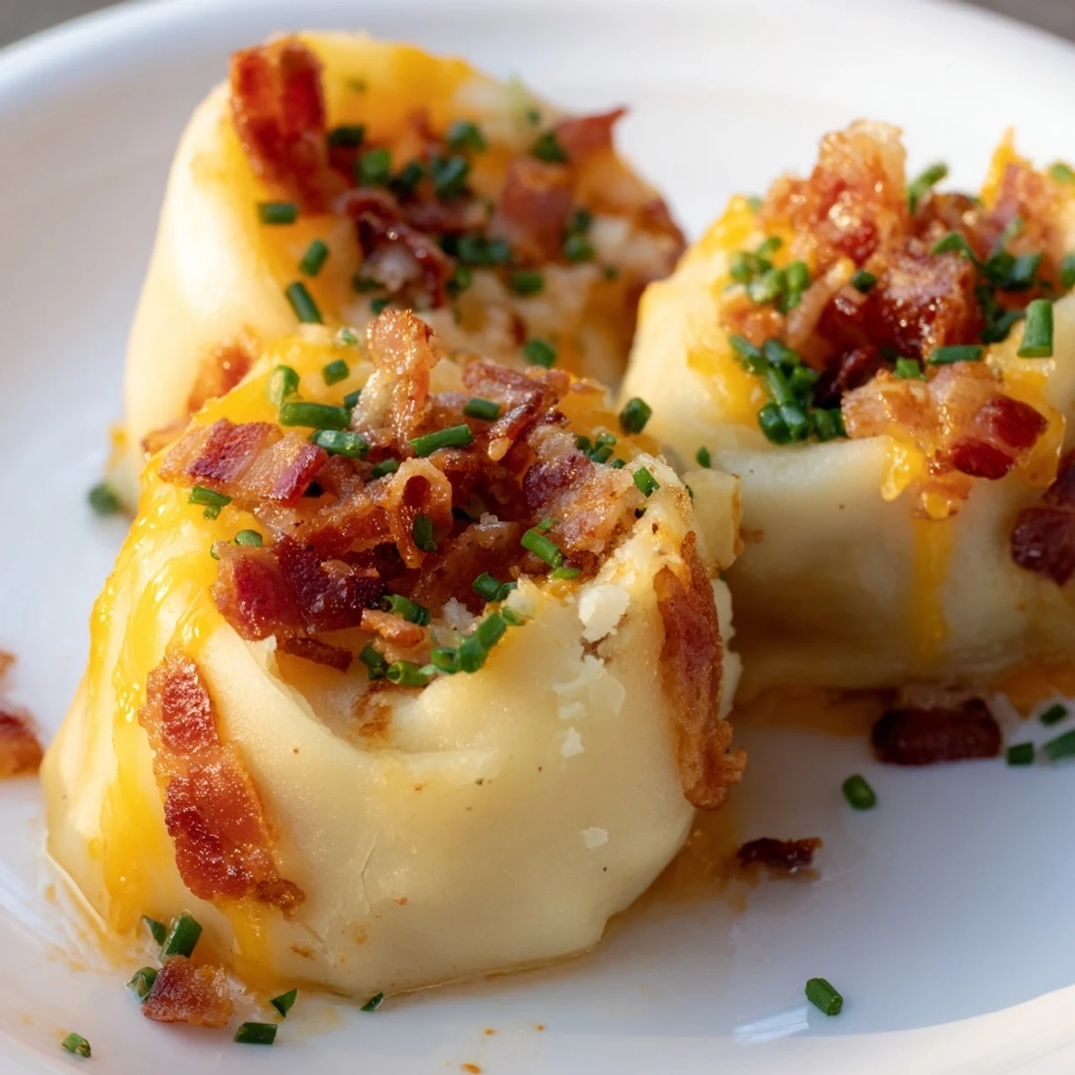 Creamy Loaded Baked Potato Soup Dumplings, golden-brown and ready to serve, are topped with fresh chives.