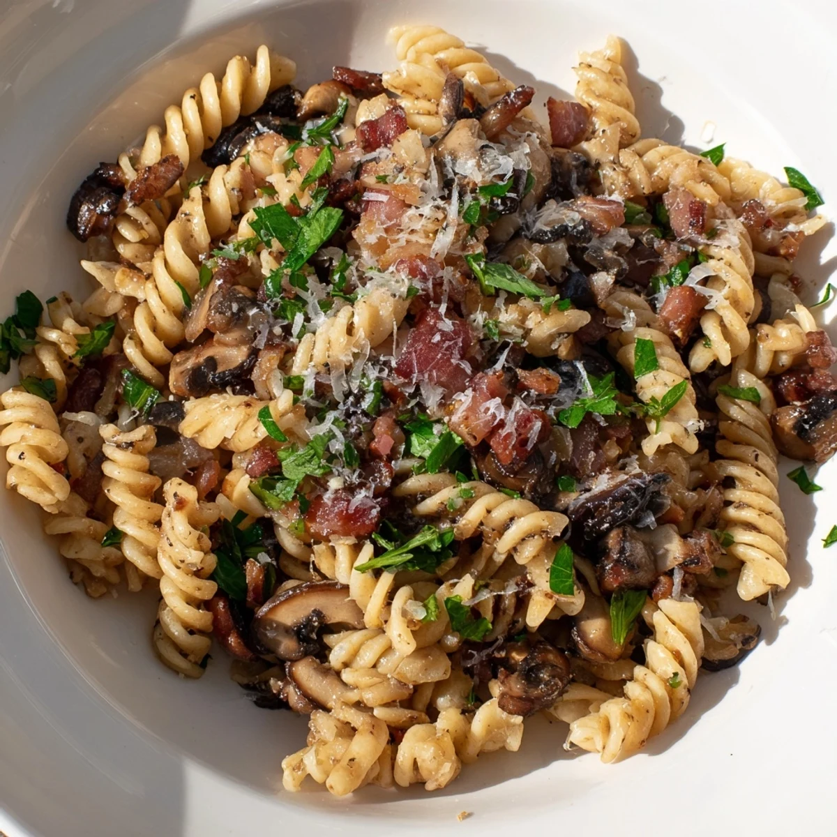 Golden-brown fusilli with bacon, onions and mushrooms, ready to eat for a delicious dinner.