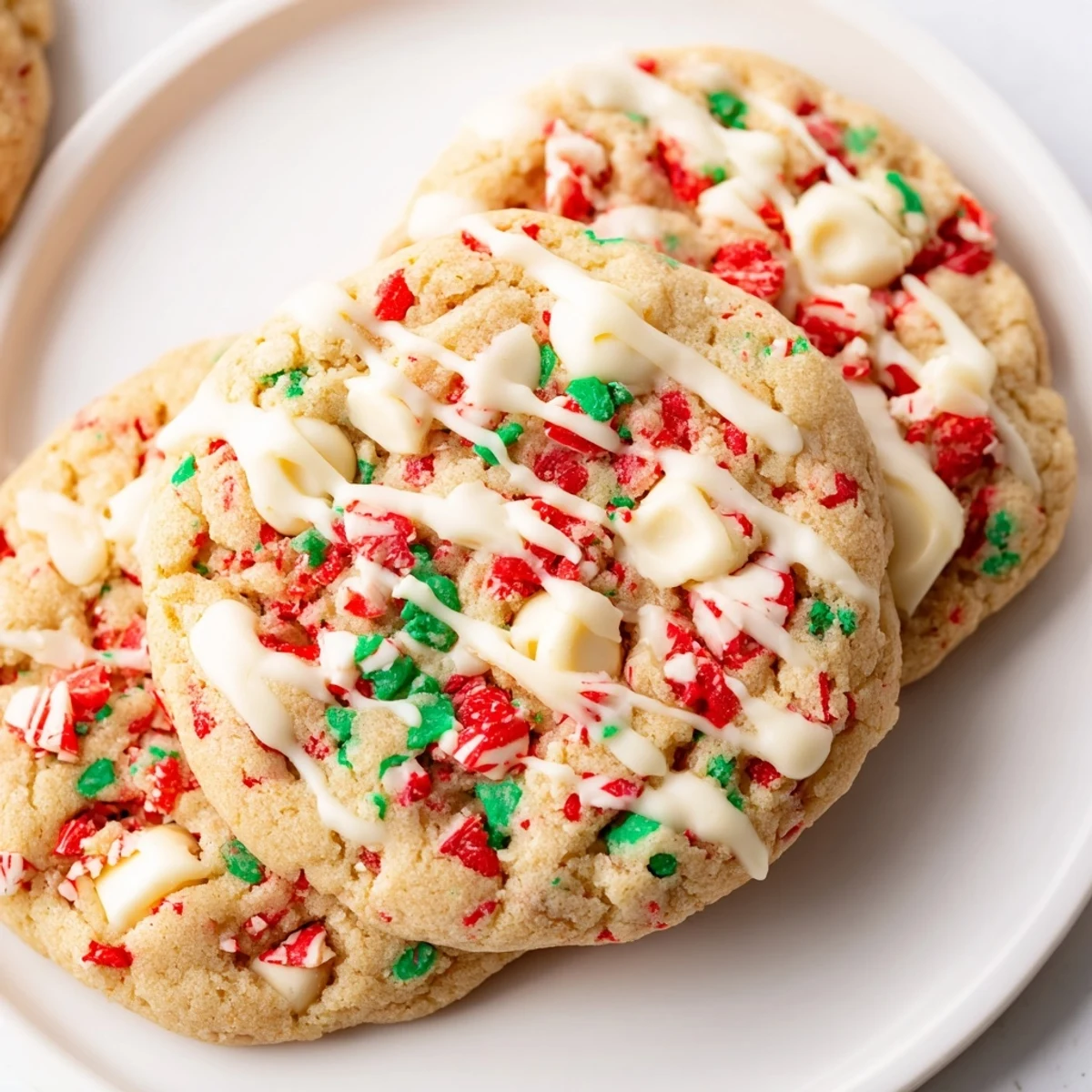 Warm, chewy White Chocolate Peppermint Bark Cookies, a holiday treat with melted white chocolate and crushed peppermint.