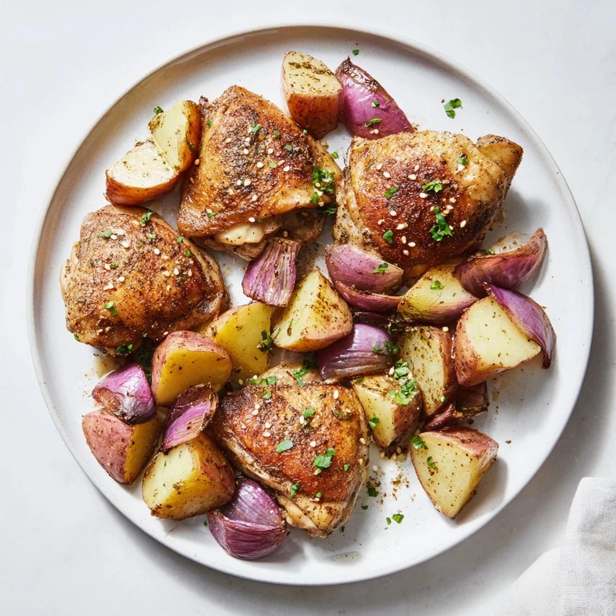 Crispy, golden Pan-Roasted Zaatar Chicken and Potatoes—a flavorful, Middle Eastern weeknight dinner.