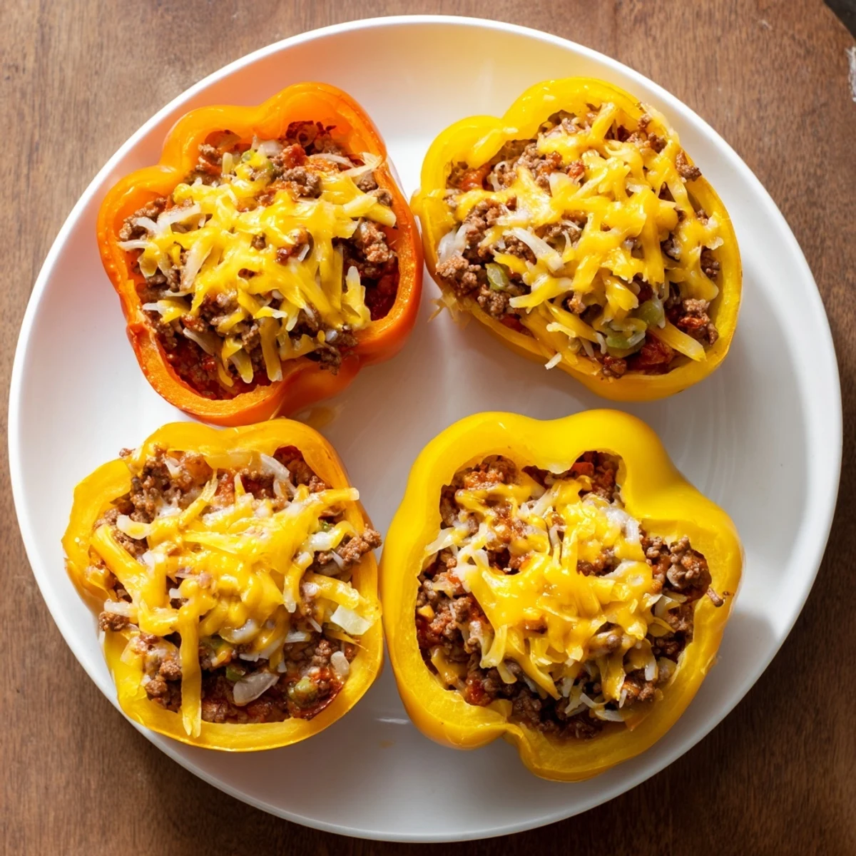 Savory Sloppy Joe Stuffed Bell Peppers overflowing with beef and melted cheddar cheese are ready to eat.