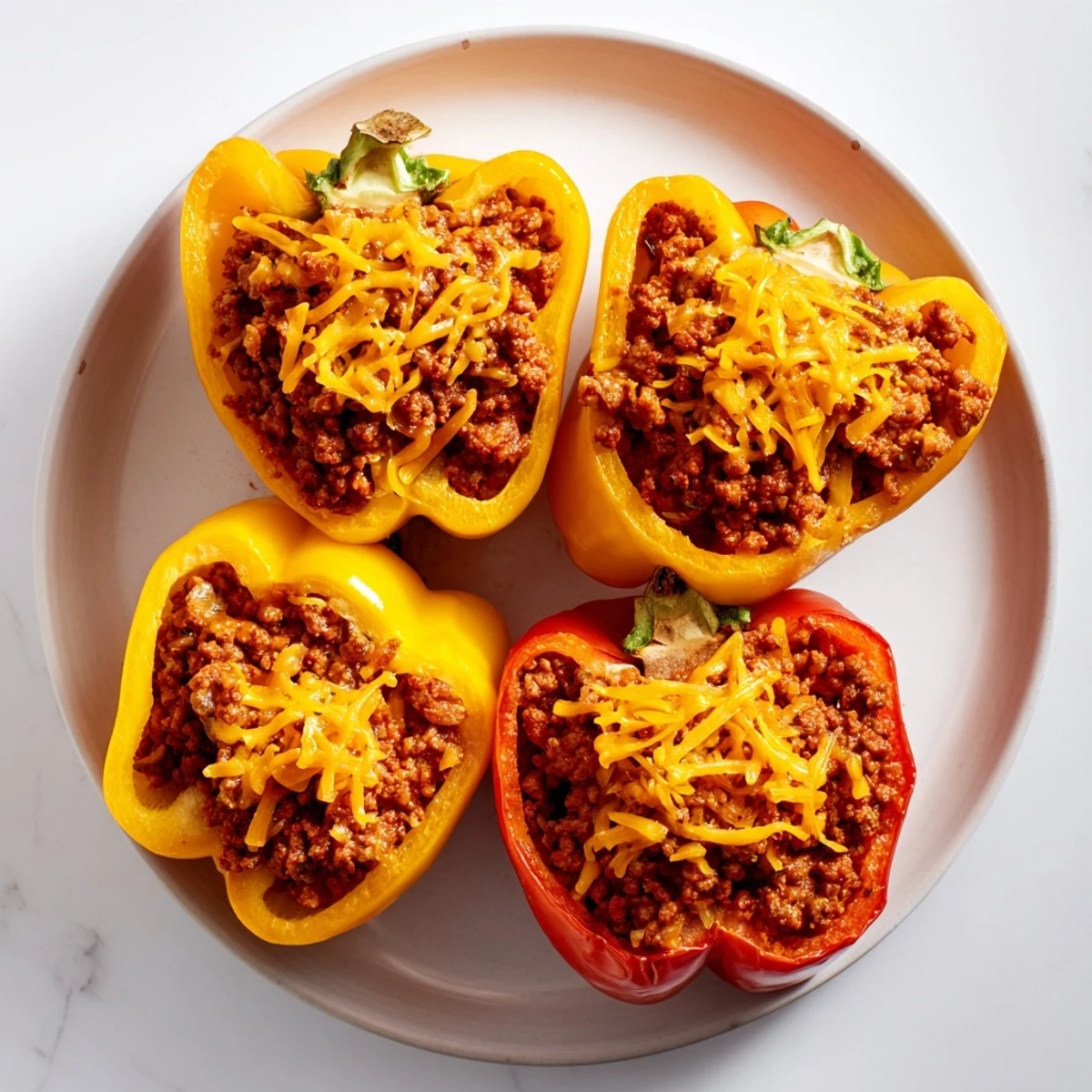 Golden-brown Sloppy Joe Stuffed Bell Peppers, cooked tender, offer a delightful, family-pleasing meal.