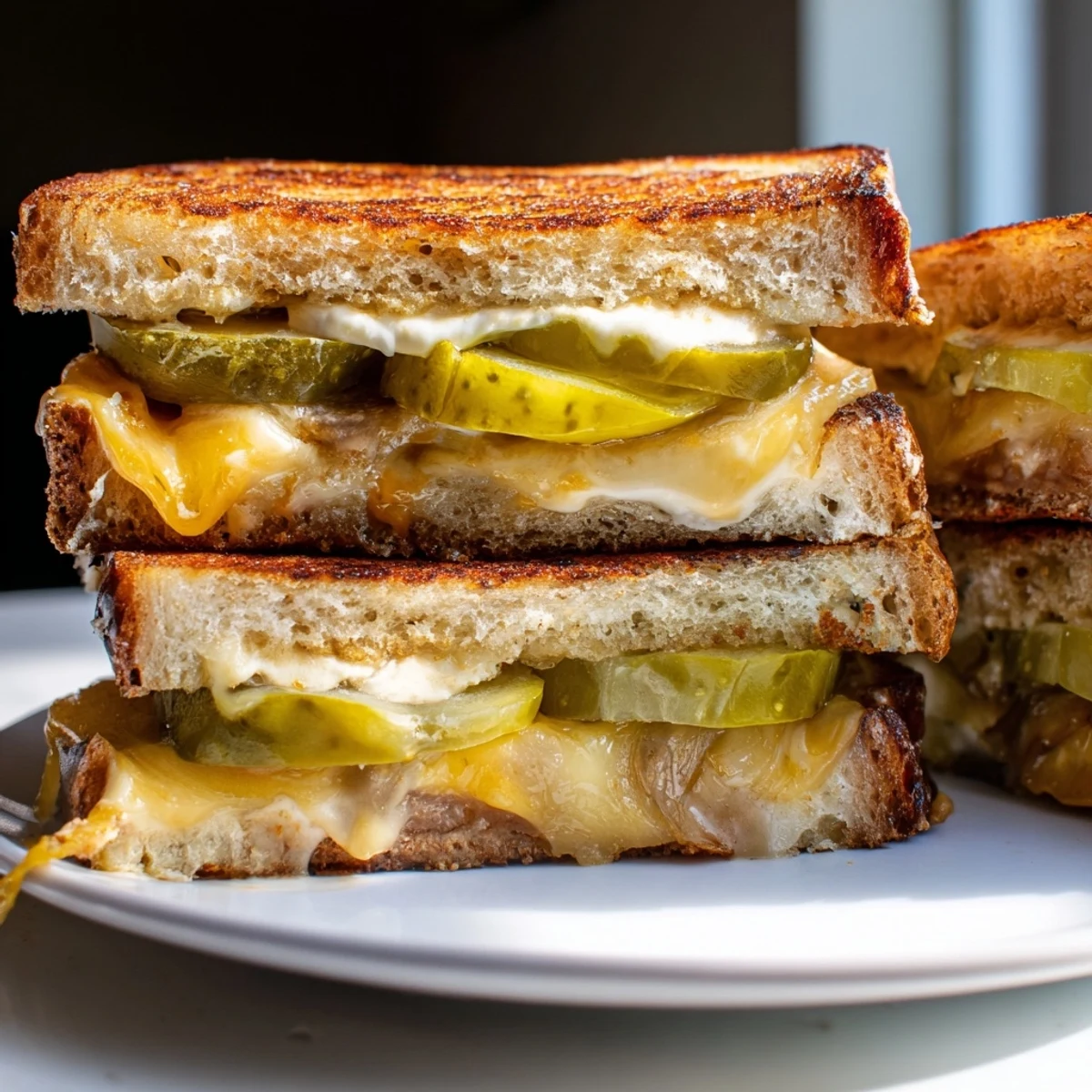 Gooey Pickle Grilled Cheese: Golden-brown, crispy bread revealing melted cheese and tangy pickle slices, a comfort food treat.