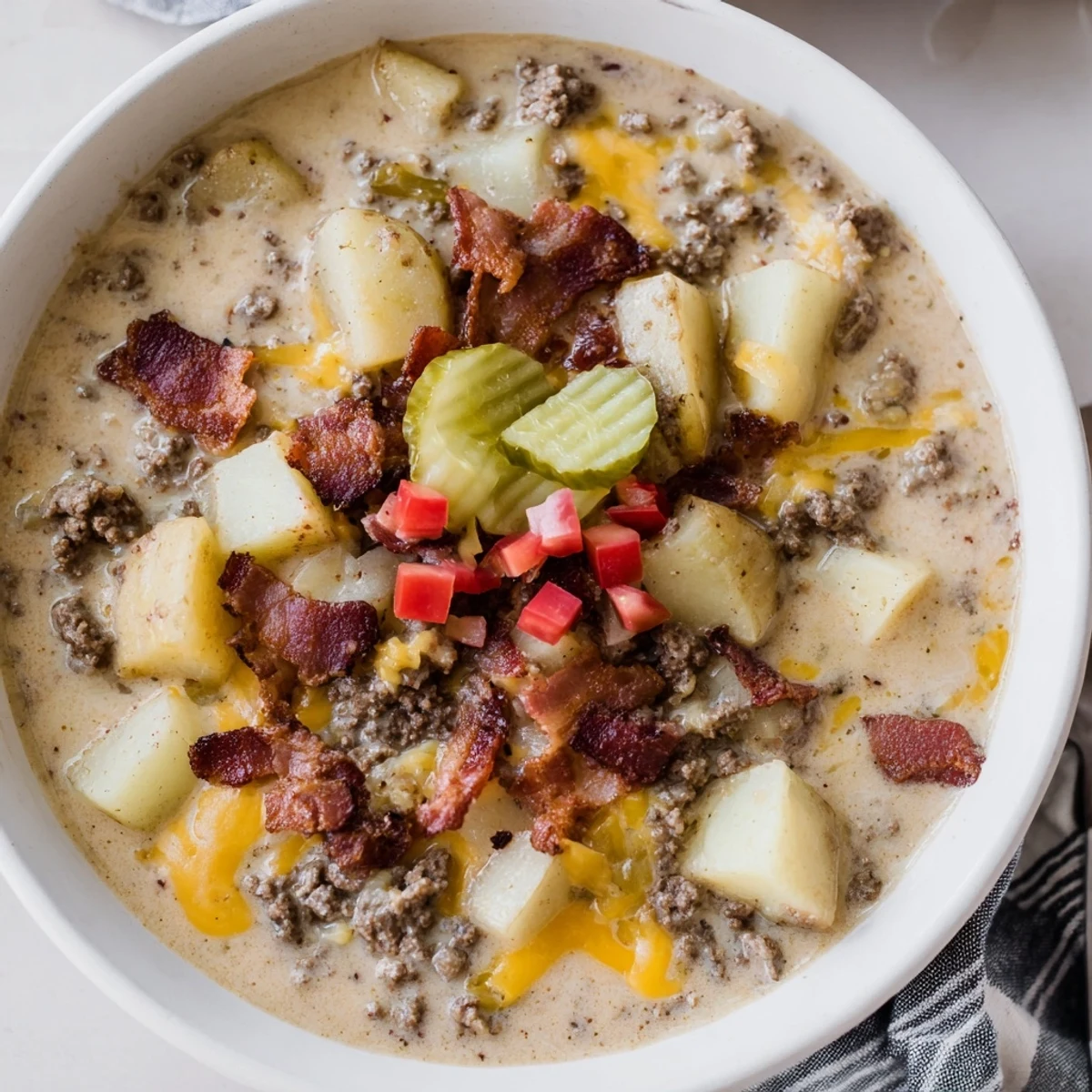 A steaming bowl of Crockpot Cheeseburger Soup, packed with beef, cheese, and vegetables, perfect for an easy dinner.
