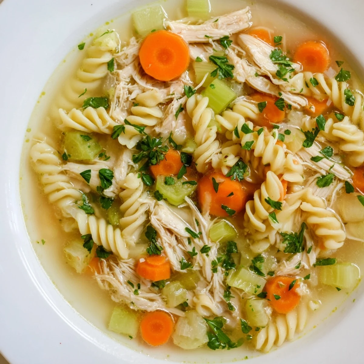 Steaming bowl of Crockpot Chicken Noodle Soup: golden broth with tender chicken and noodles.