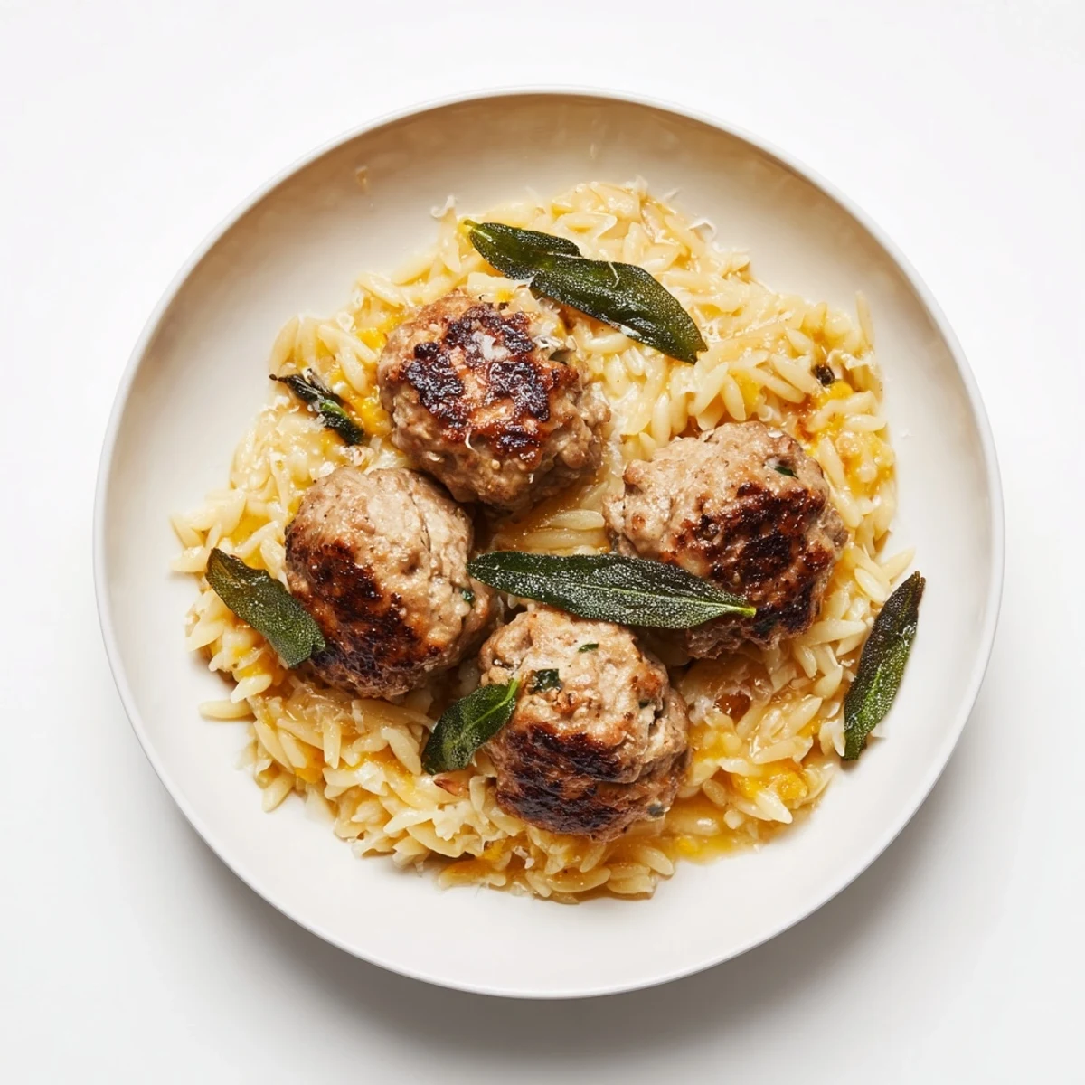 Savory sage turkey meatballs mingling with creamy pumpkin orzo, a complete and flavorful meal.