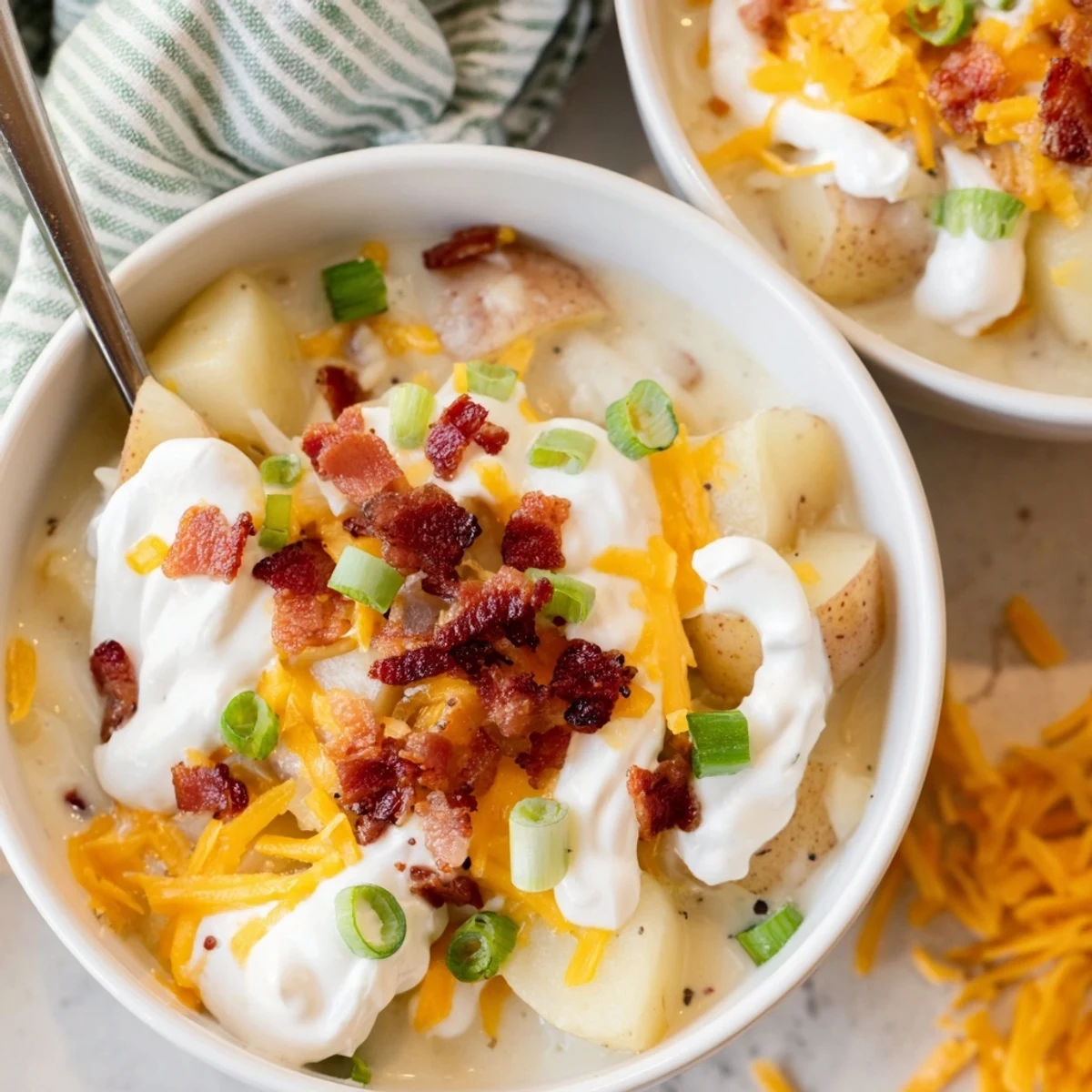 Crockpot Loaded Baked Potato Soup, bubbling hot, garnished with bacon and green onions, a cozy dinner.