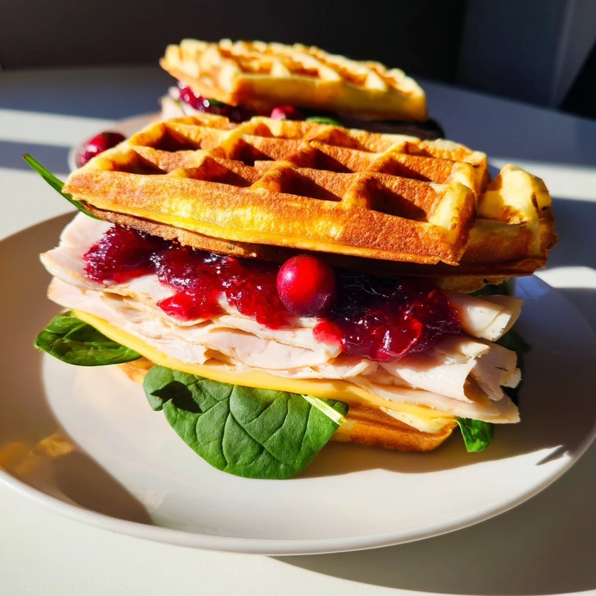 Easy Holiday Waffle Sandwich: Crispy waffles overflowing with turkey, cranberry, and melted cheese, a perfect brunch treat.