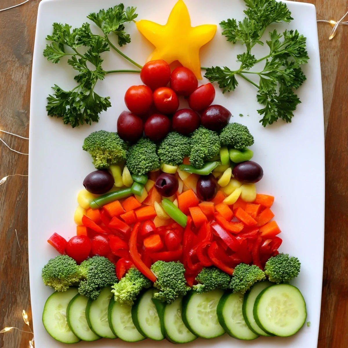 Festive Healthy Christmas Veggie Platter Tree, overflowing with vibrant bell peppers, ready to serve.