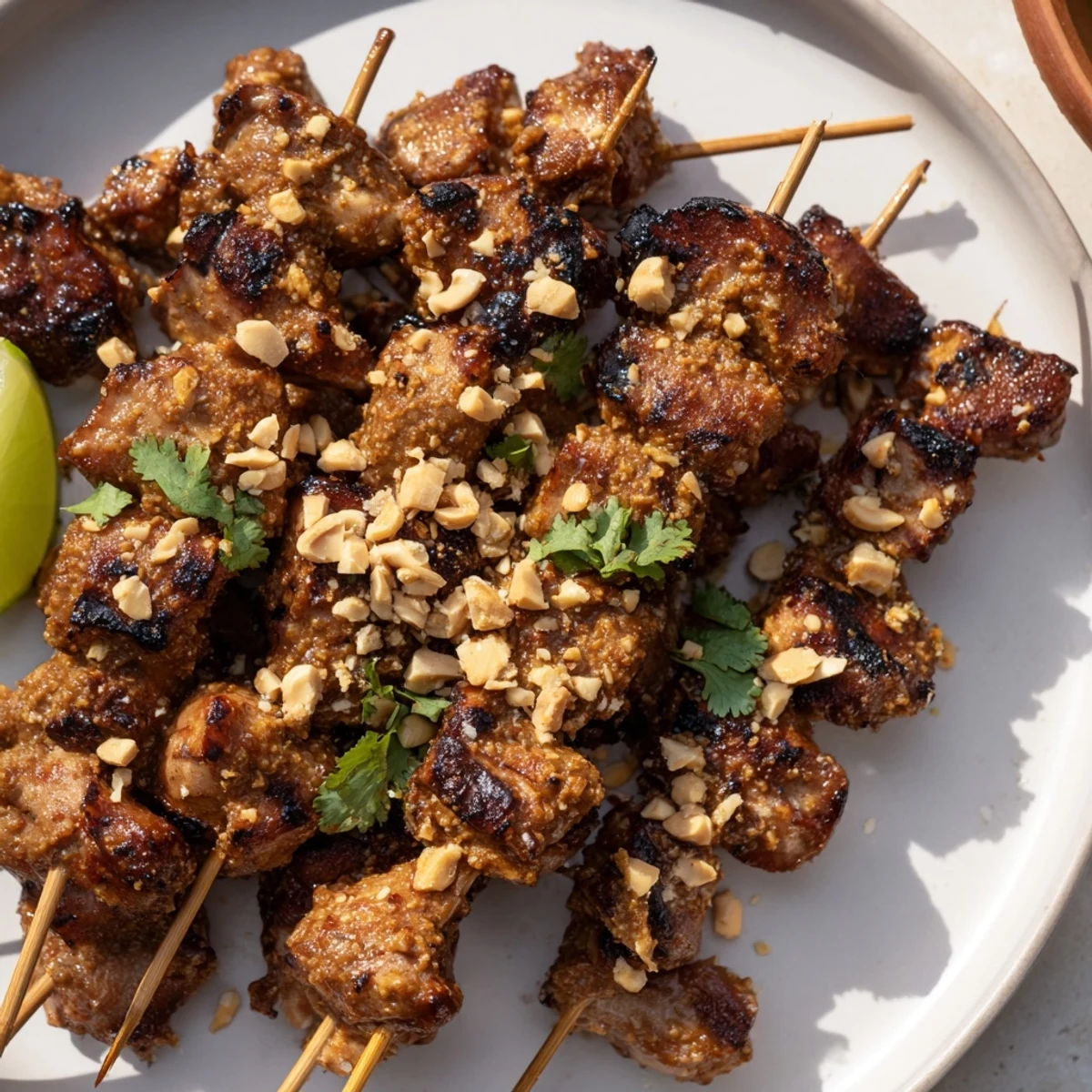 Juicy, grilled Spicy Peanut Satay Chicken Skewers drizzled with extra peanut sauce, ready to eat.