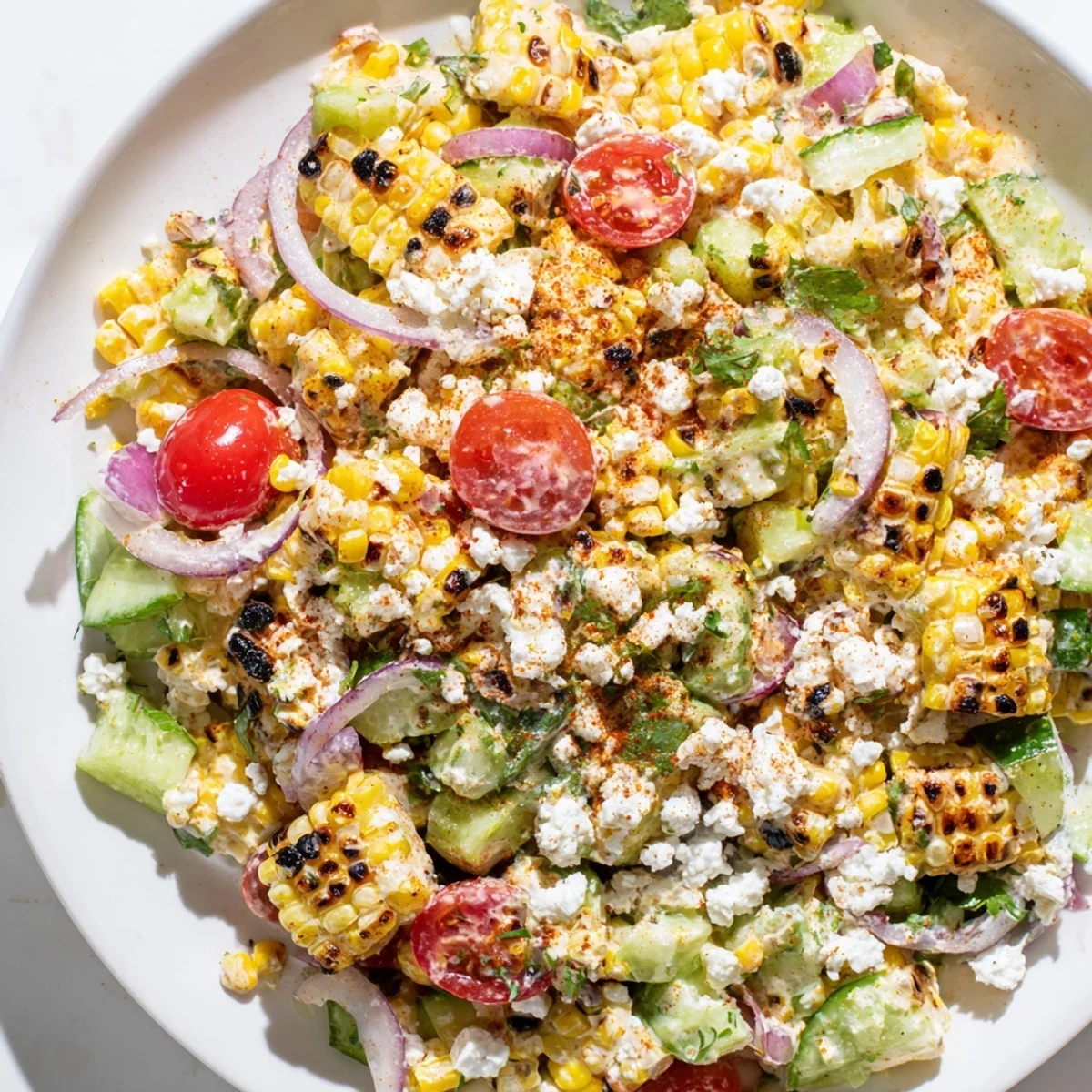 A colorful, creamy Mexican Street Corn Chopped Salad with charred corn, ready to eat.