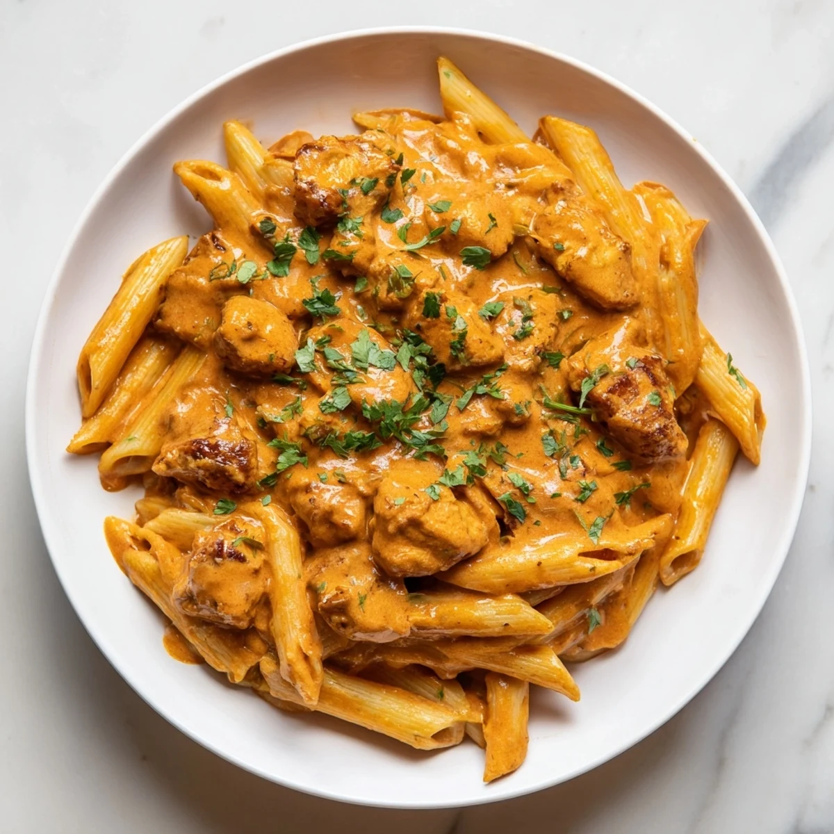 Tender chicken tikka masala melding with pasta in a rich, flavorful sauce, aromatic and delicious.