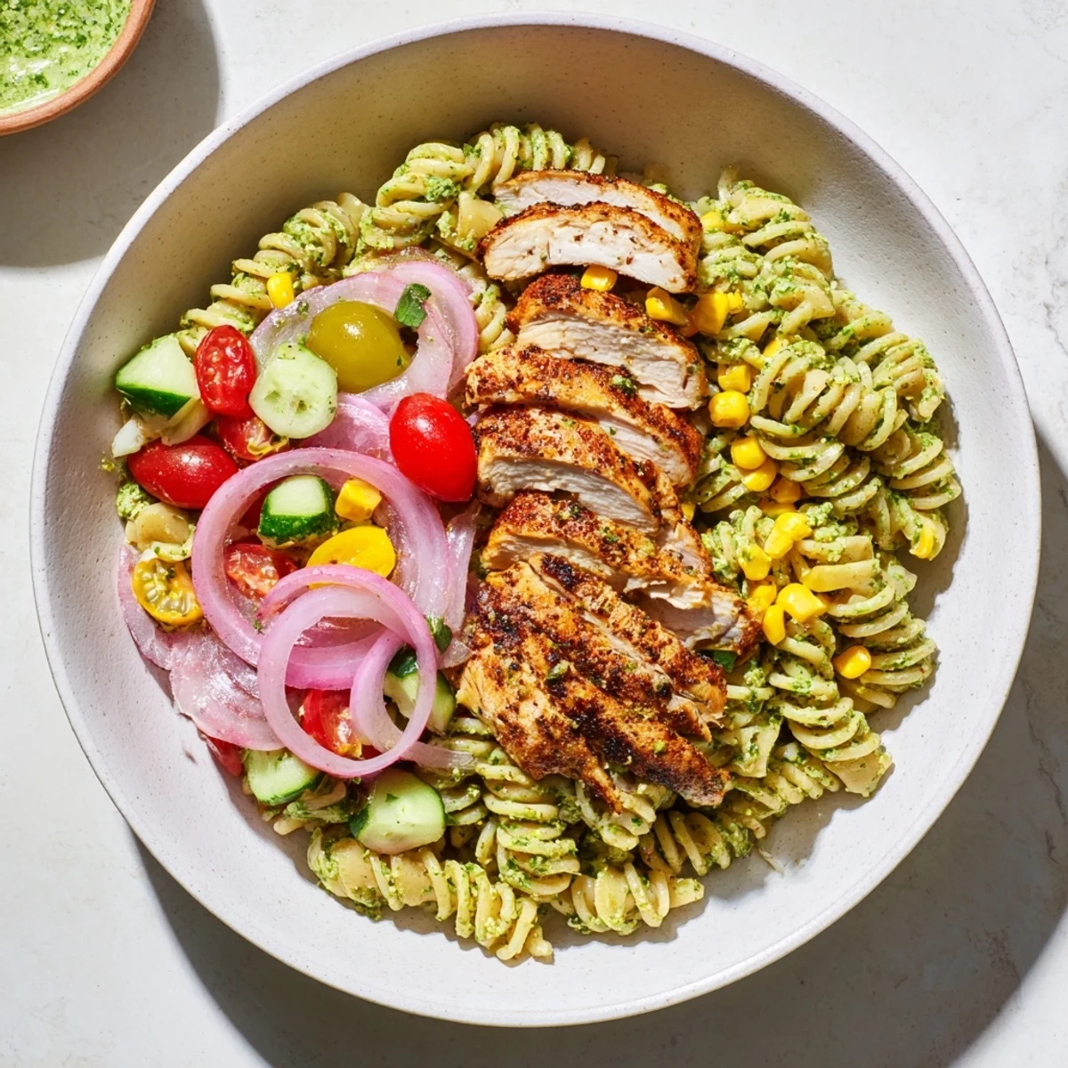 Peruvian Aji Verde Chicken Pasta Salad: a colorful, creamy salad with tender chicken and vibrant vegetables ready to enjoy.