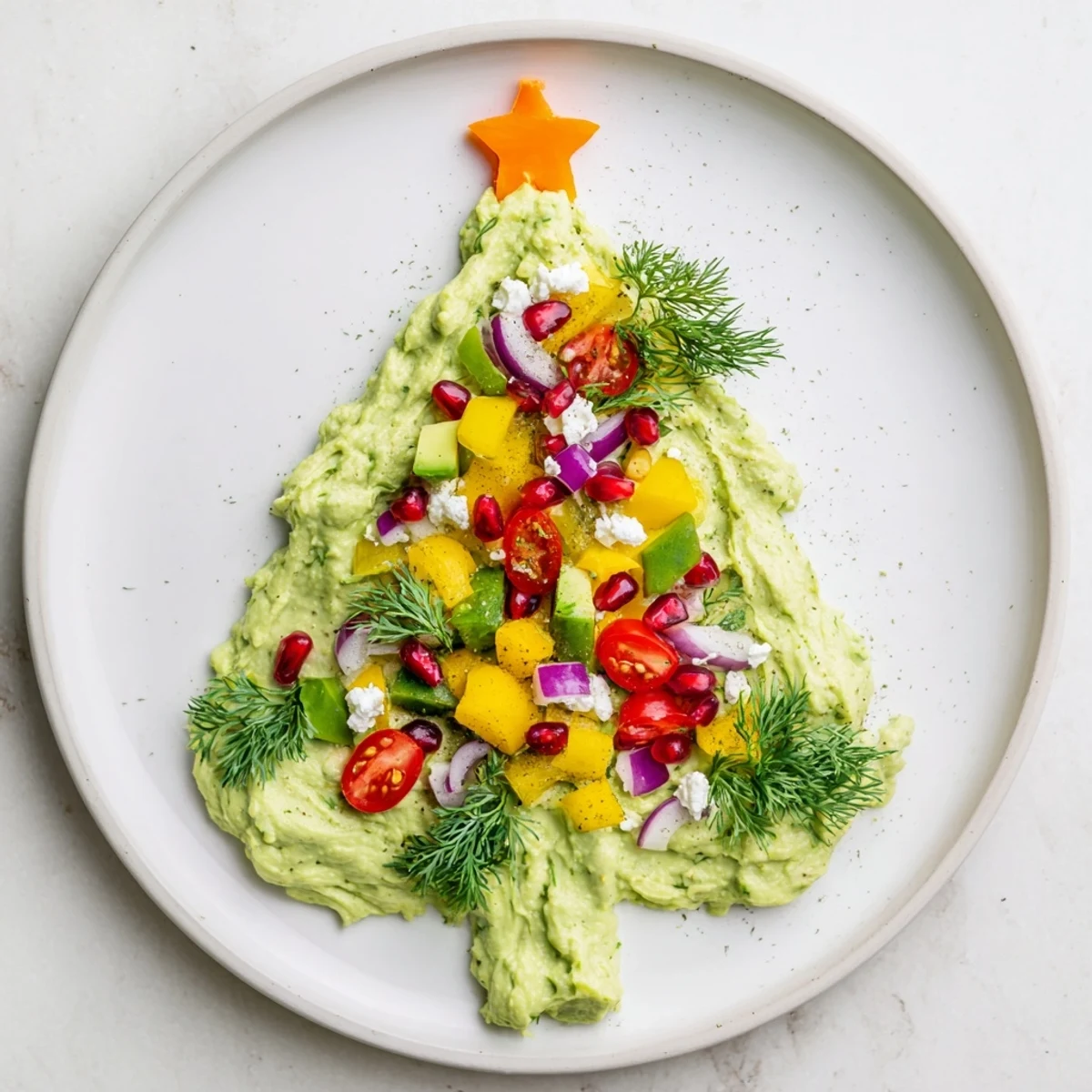 Fluffy whipped avocado Christmas tree dip decorated with colorful vegetables, perfect for holiday gatherings.