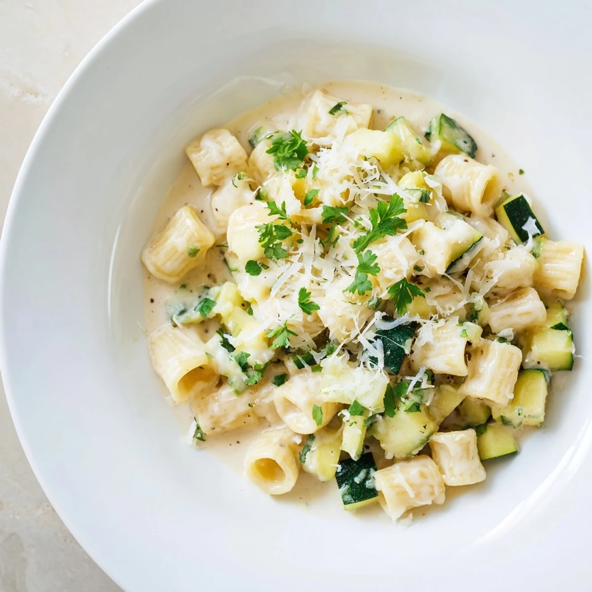 This appetizing photo displays a single-pot creamy zucchini ditalini dish with fresh parsley garnish ready to serve.