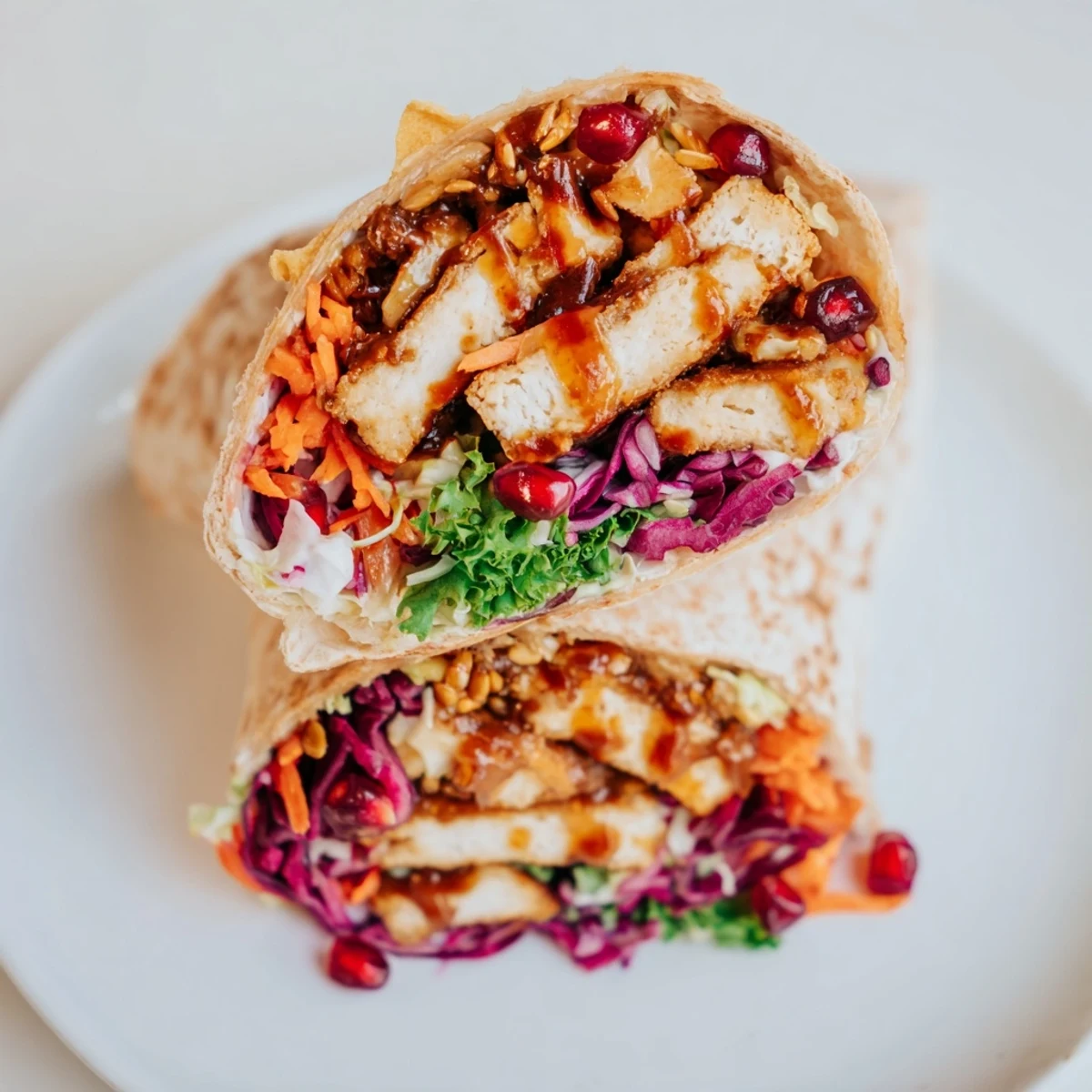 A close-up view of a beautifully assembled Sweet Chili Tofu Crunch Wrap, ready for a satisfying bite.