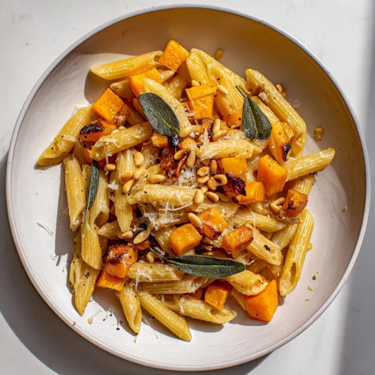 Golden brown Butternut Squash & Sage Brown Butter Pasta, ready to serve with Parmesan and fresh sage.