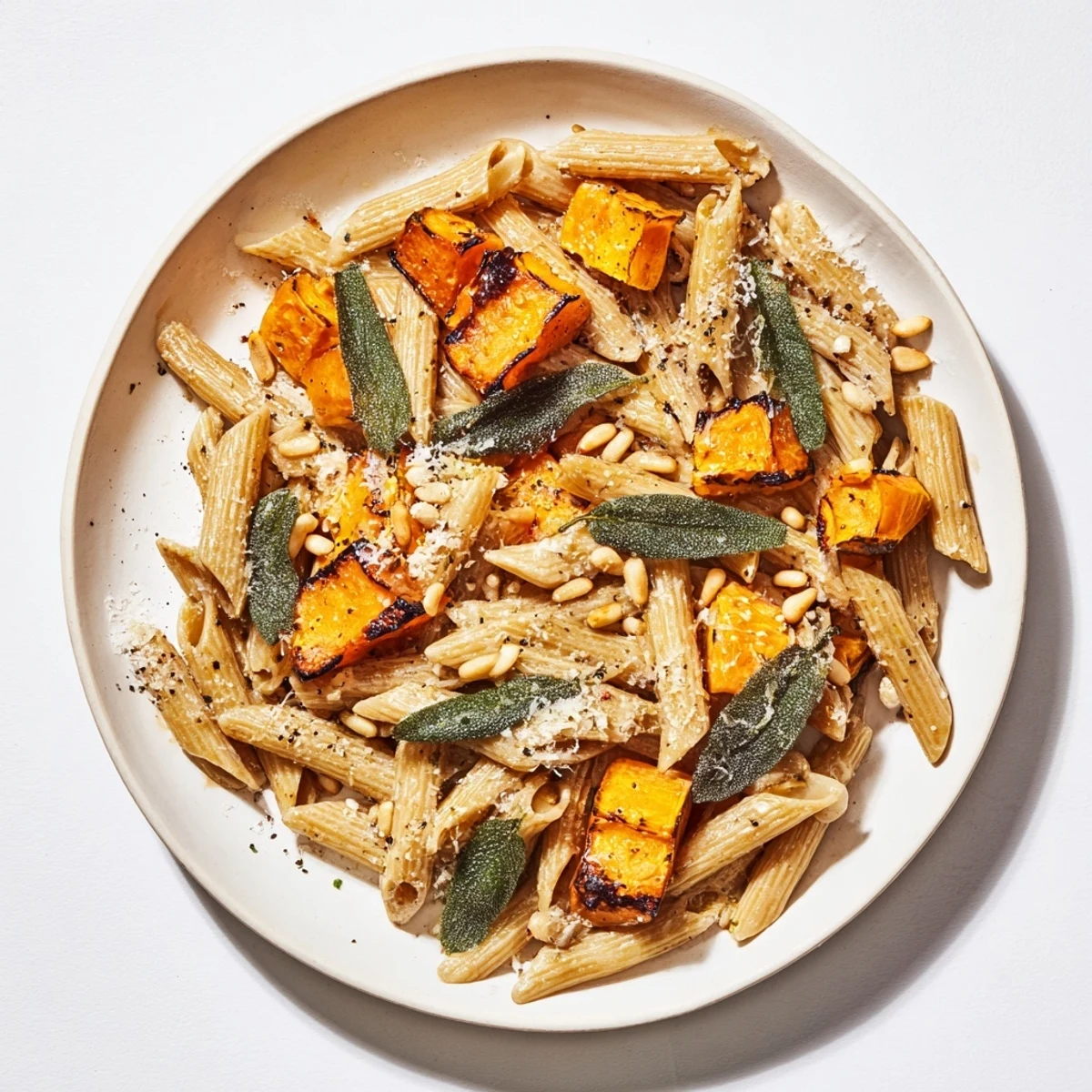Warm and inviting bowl of Butternut Squash & Sage Brown Butter Pasta tossed in a buttery sage sauce.