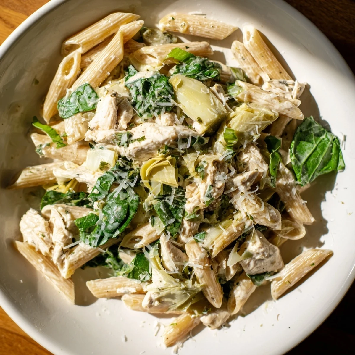 Close-up of the flavorful, finished Creamy Spinach Artichoke Protein Pasta Skillet, ready to eat.