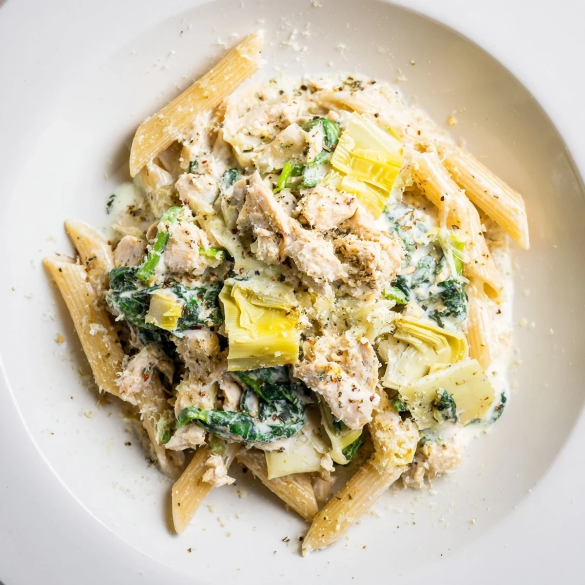 Garnished Creamy Spinach Artichoke Protein Pasta Skillet, showing a creamy texture with artichokes and spinach.