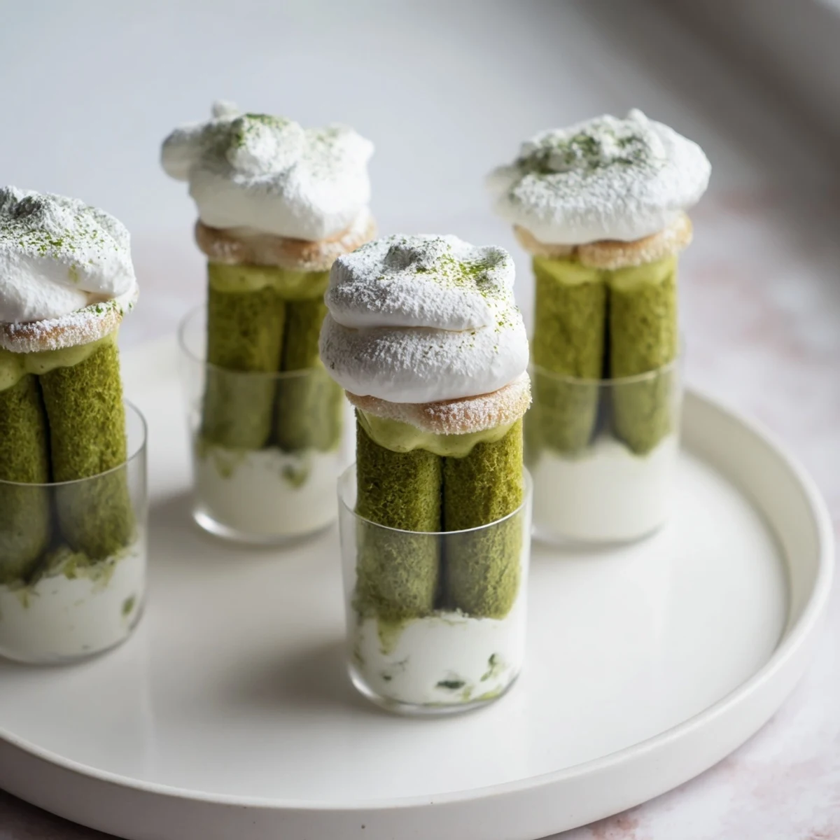 Matcha mascarpone tiramisu snow cups, layered with creamy mascarpone, offering a delightful matcha flavor.