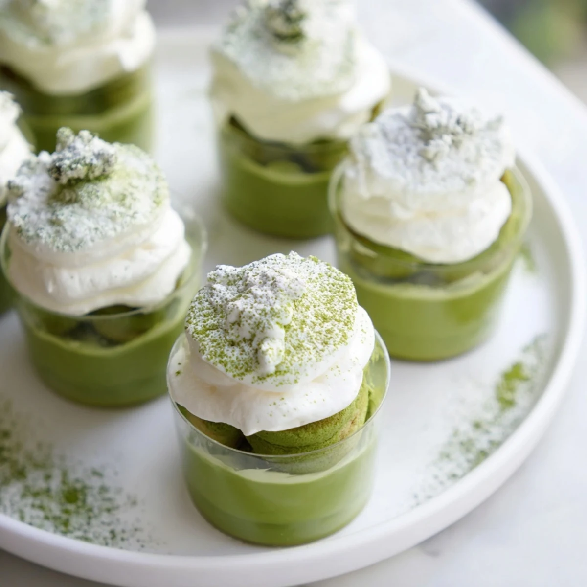 These creamy matcha mascarpone tiramisu snow cups feature a snowy dusting, perfect for any occasion.