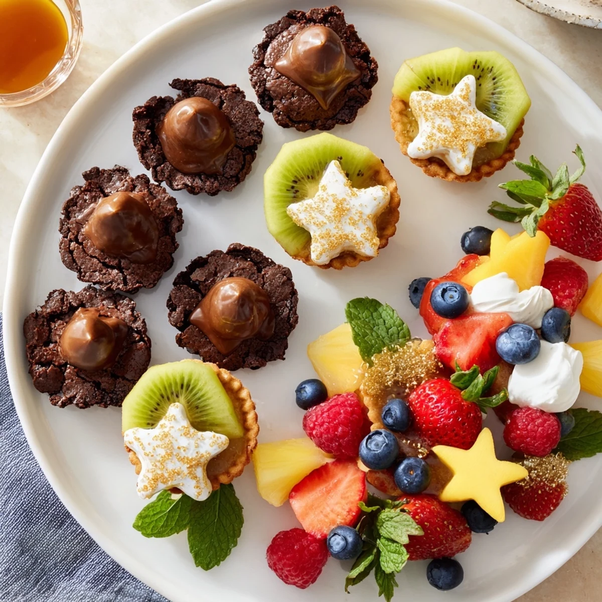 Indulge in this vibrant Star-Studded Dessert Board, featuring chocolate ganache, whipped cream, and delightful fruit.