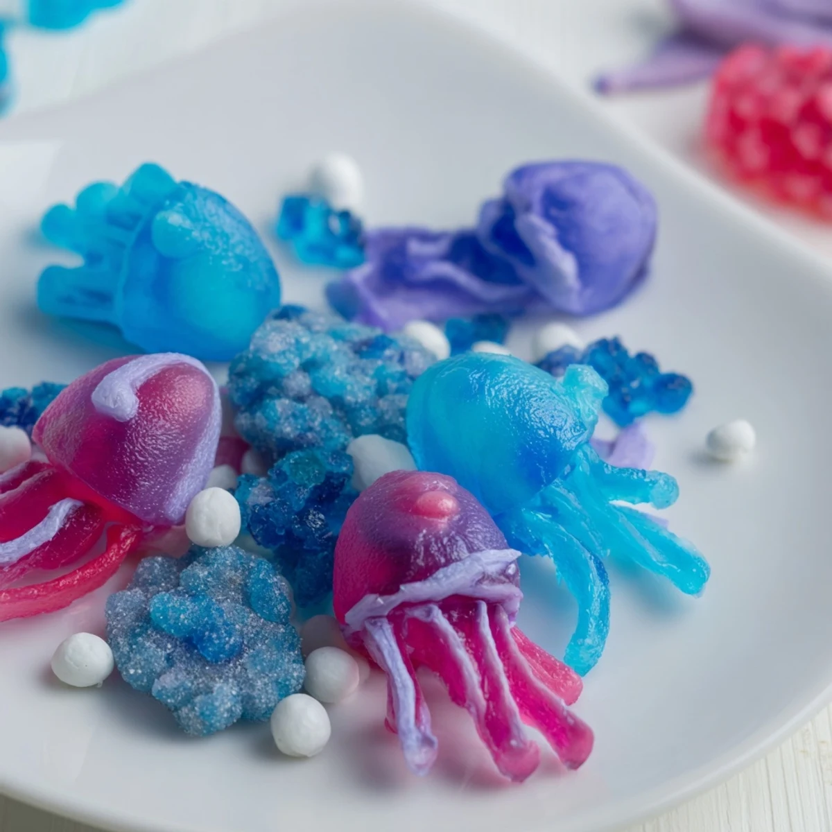 Vibrant Jellyfish Candy Platter: colorful gummy treats arranged to resemble a whimsical ocean scene.