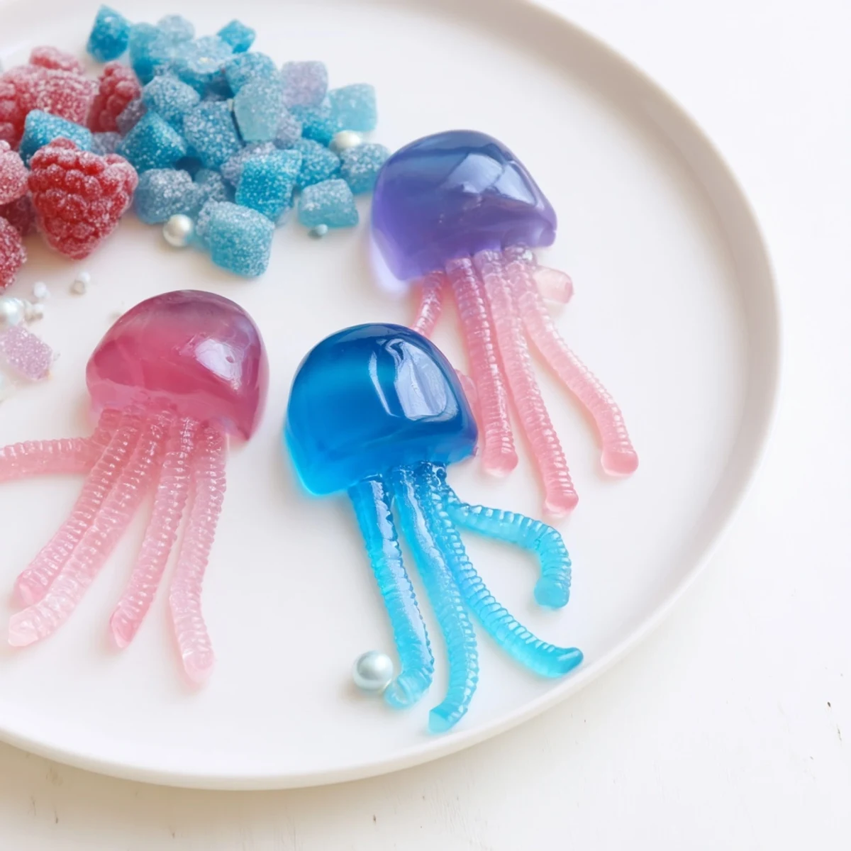 A close-up of a delightful Jellyfish Candy Platter, filled with shimmering jellies and sweet gummies.