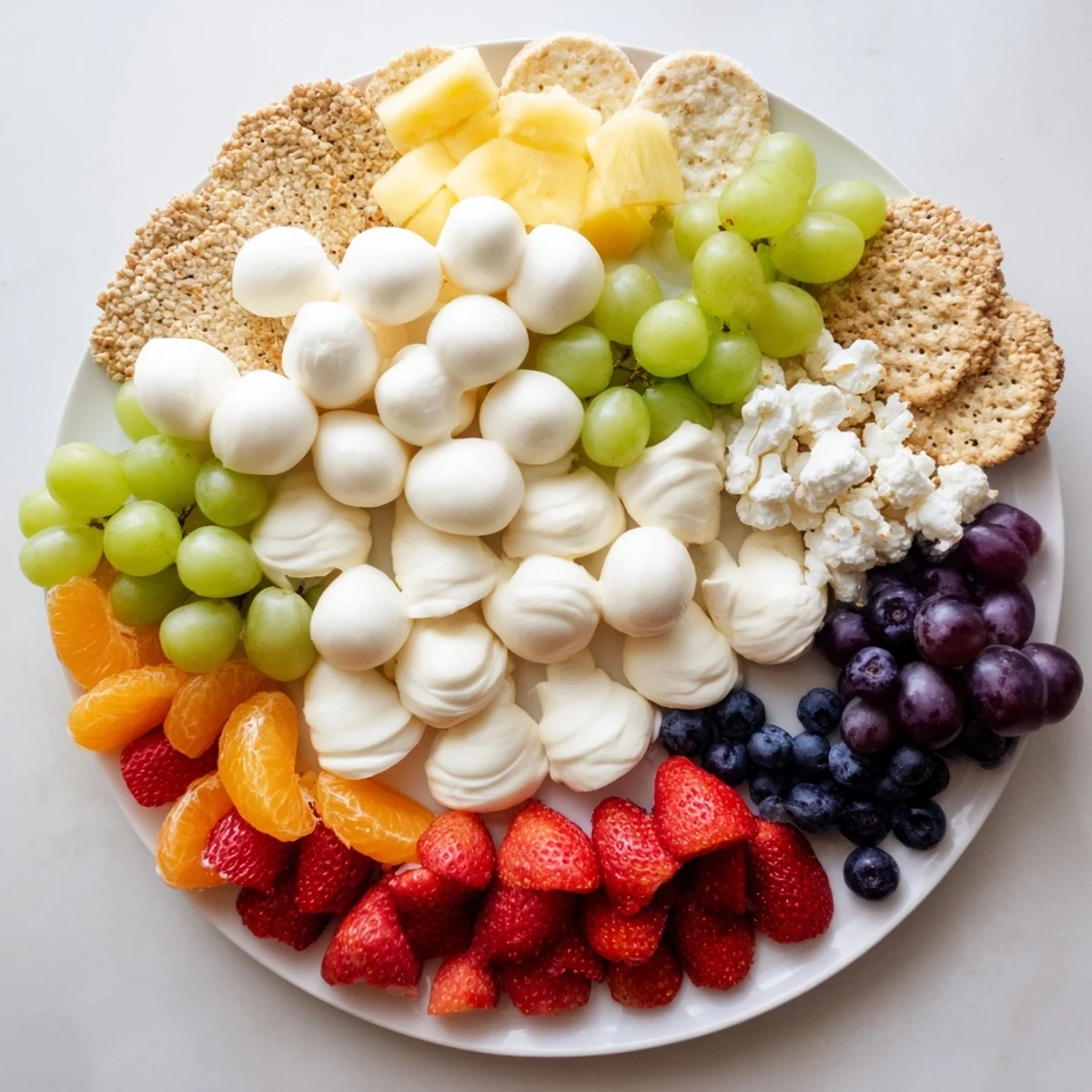 This whimsical cloud and rainbow grazing board presents an artful arrangement of rainbow-colored fruit.