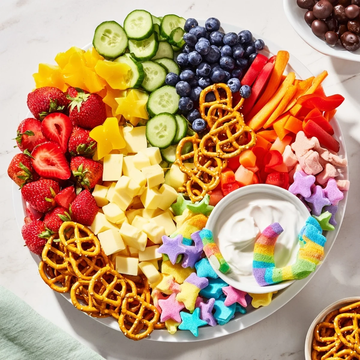 Vibrant Unicorn Party Platter: A colorful array of fresh fruits and savory snacks, ready to enjoy.
