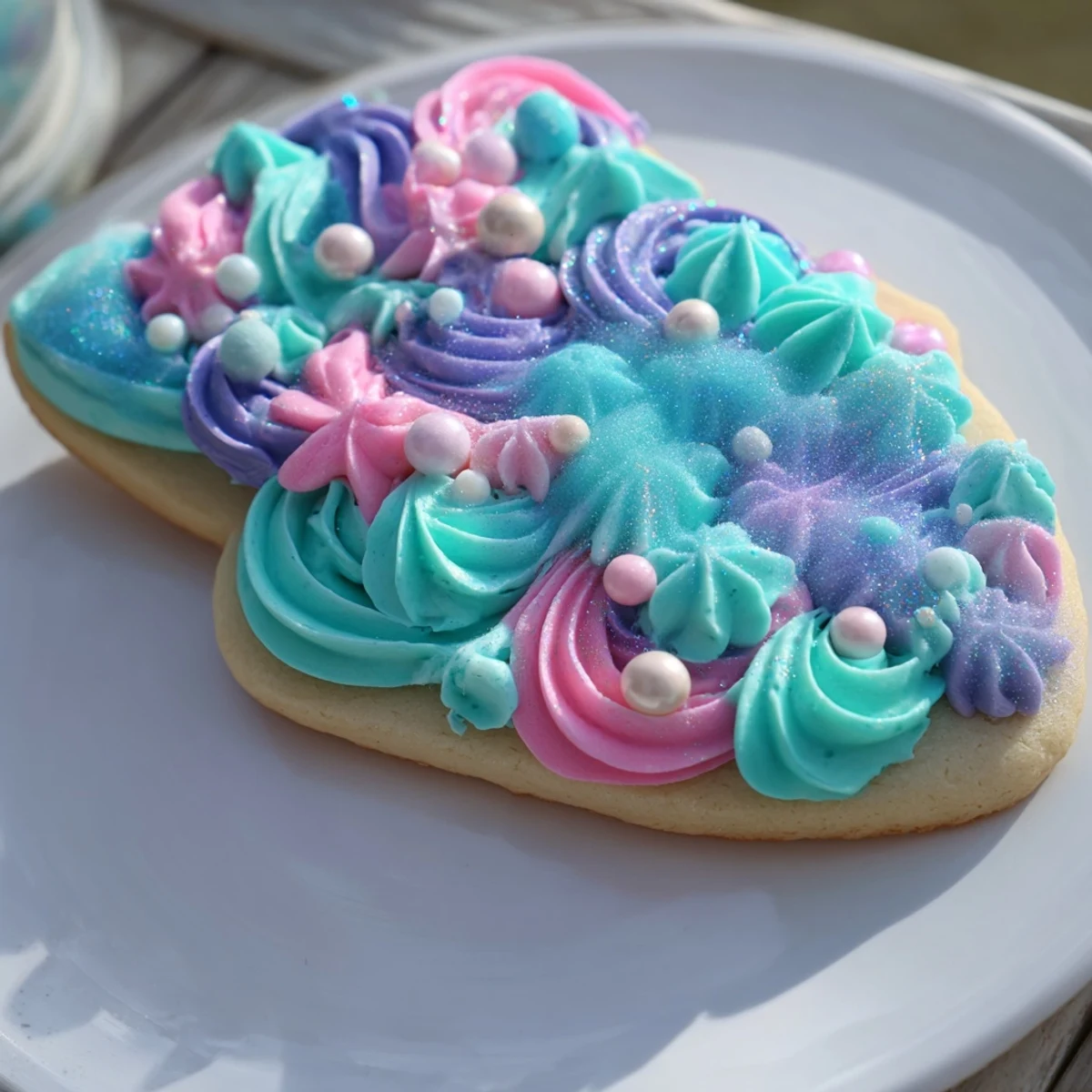 Beautiful mermaid tail sweets: colorful sugar cookies frosted to look like shimmering ocean tails, delicious and sweet.