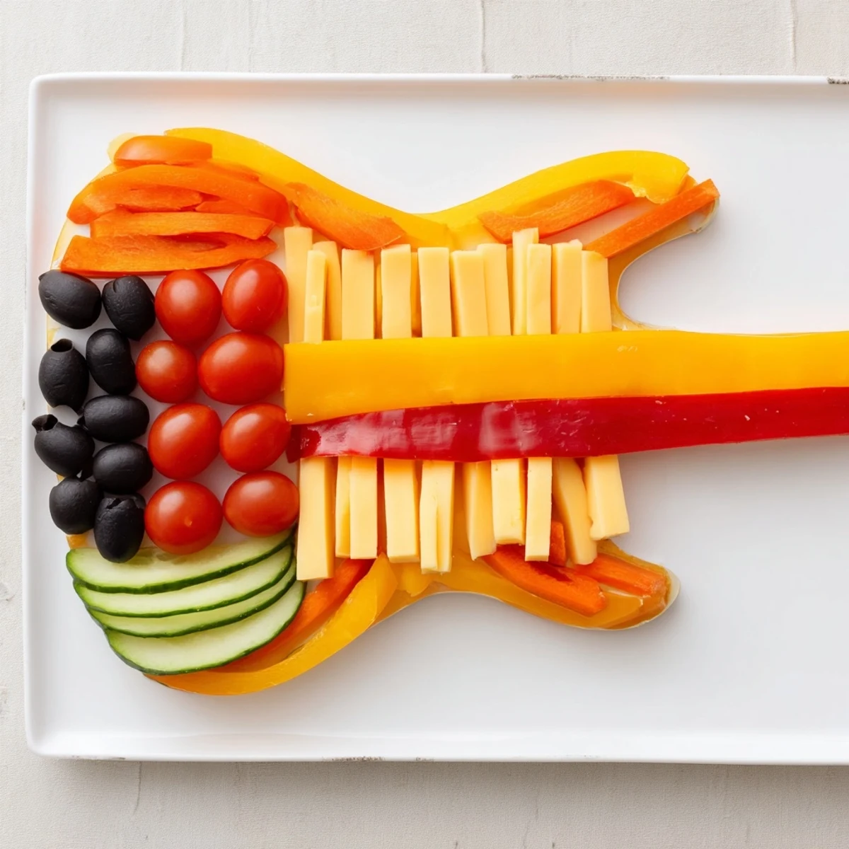 Colorful Rock Star Guitar Snack Platter features cheddar, pepper jack, crackers, and refreshing veggie pieces, perfect for parties.