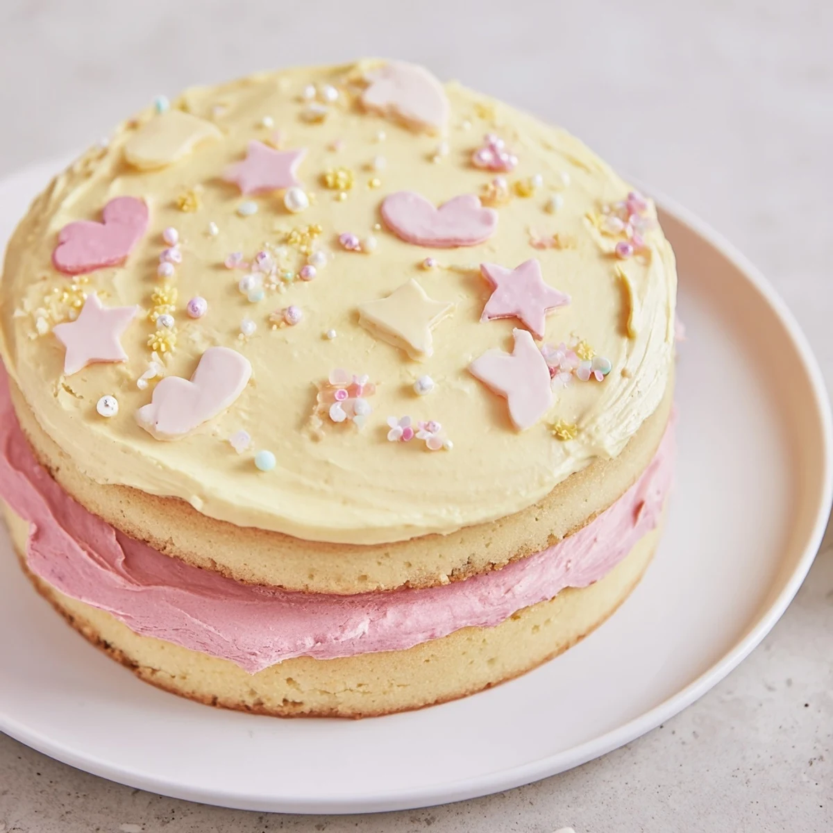 A freshly frosted Château de Princesse Cœurs et Étoiles cake, decorated with charming heart and star sprinkles.