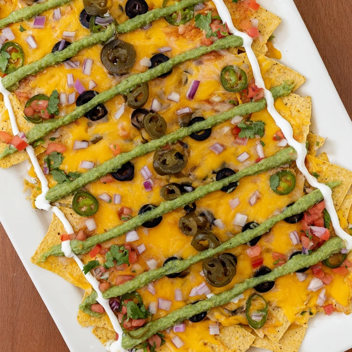 Melted cheese blankets the sizzling Football Field Nacho Platter, ready for a winning game day snack.