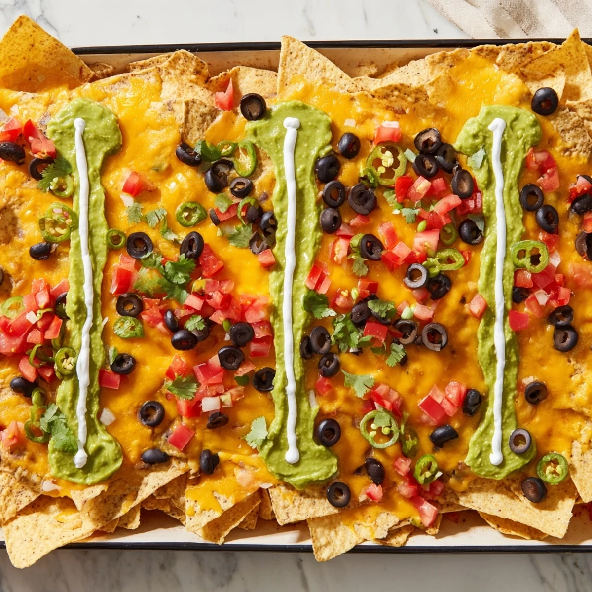 This loaded Football Field Nacho Platter features rich guacamole and colorful toppings in a fun, shareable appetizer.