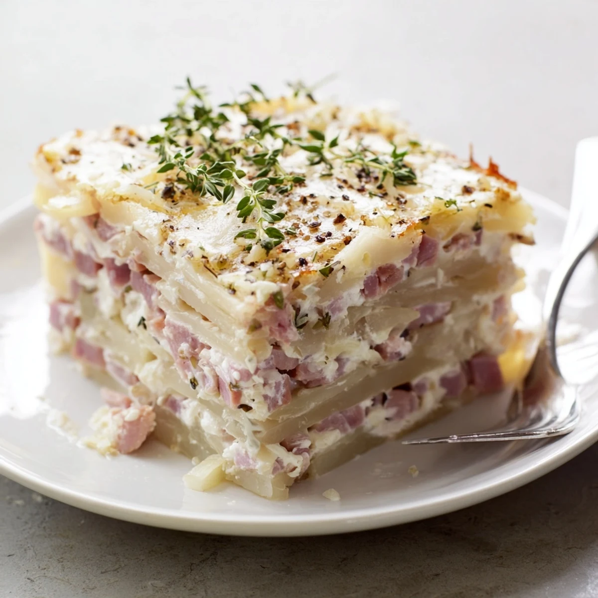 A warm, creamy view: French Plateaux Moufle Chaud et Confortable with Gruyère cheese, ham, and herbs baked golden brown.